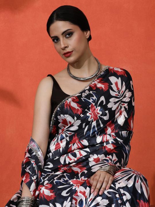 Multi Brown Printed Chinnon Saree