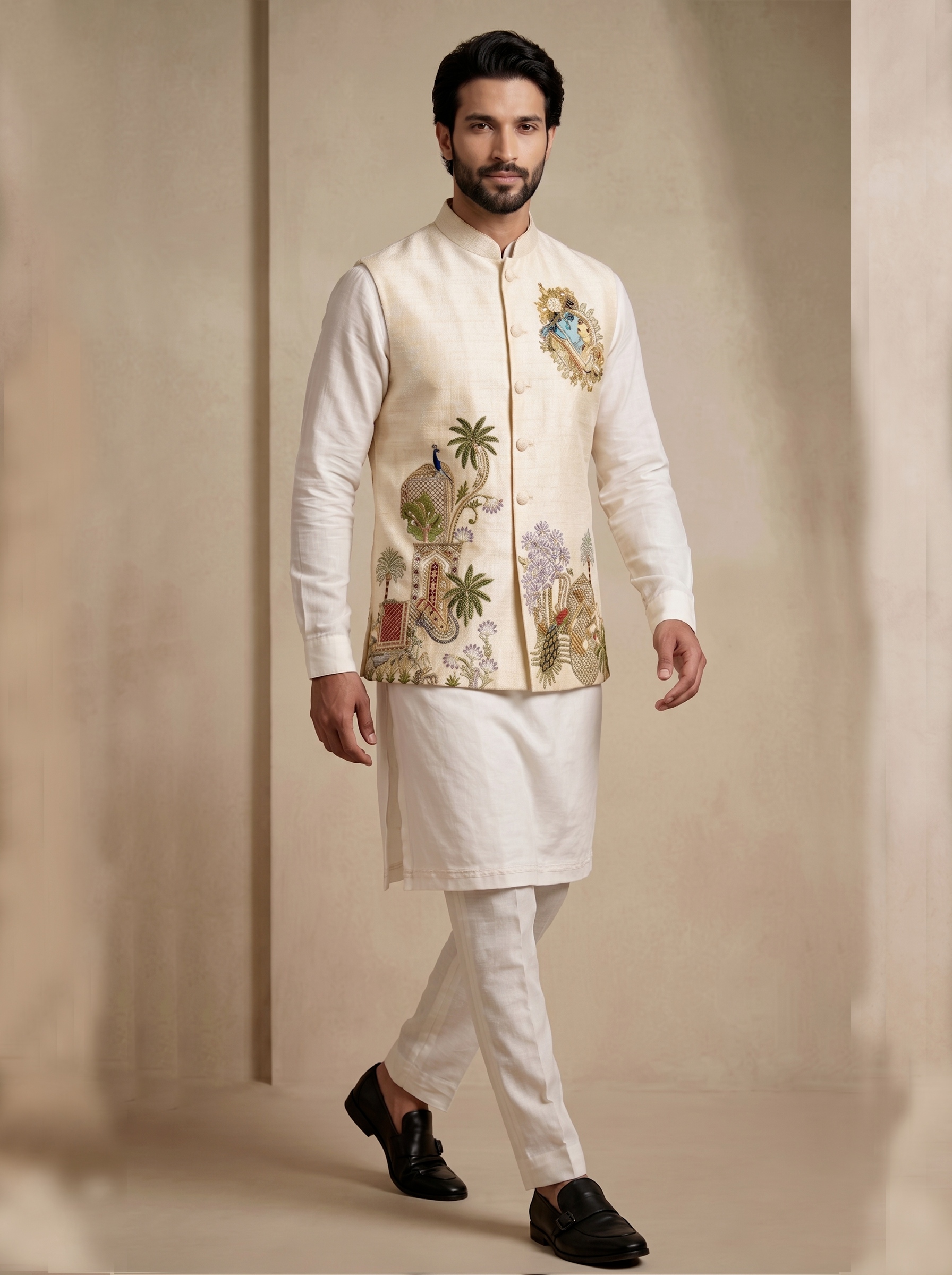 Multi Champagne Embroidered Viscose Jacket Kurta Pyjama