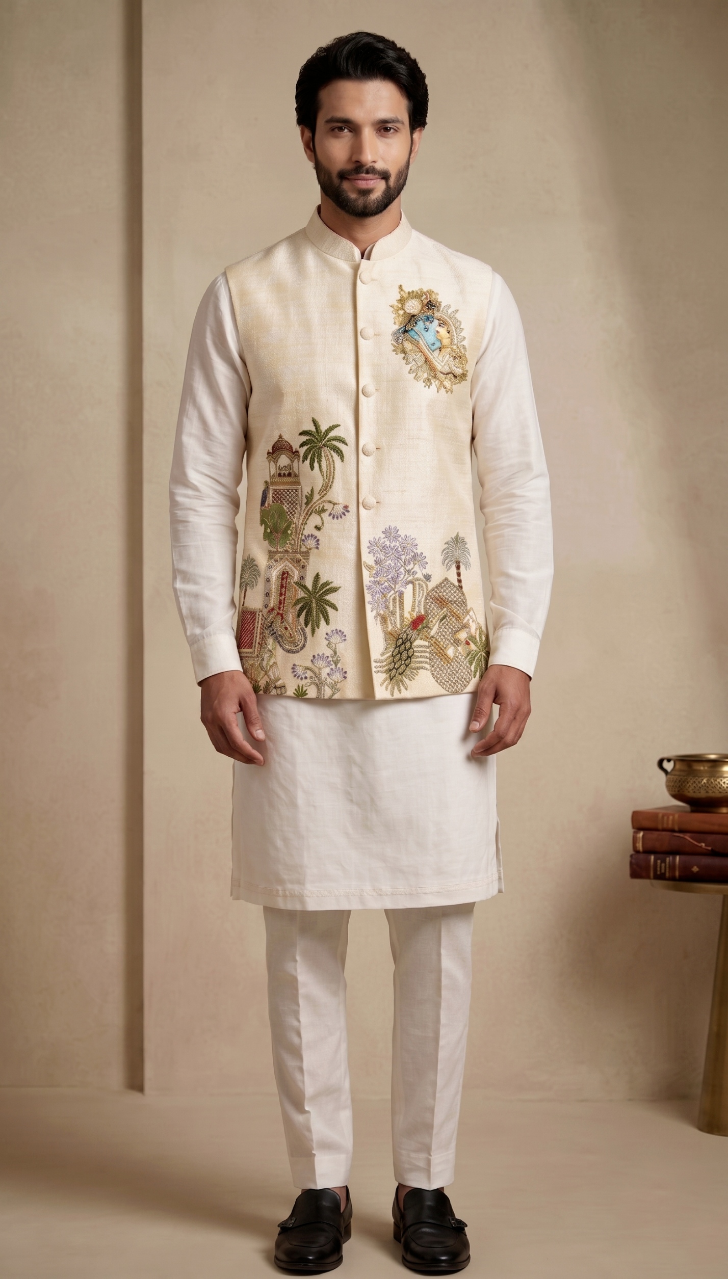 Multi Champagne Embroidered Viscose Jacket Kurta Pyjama — alternate view