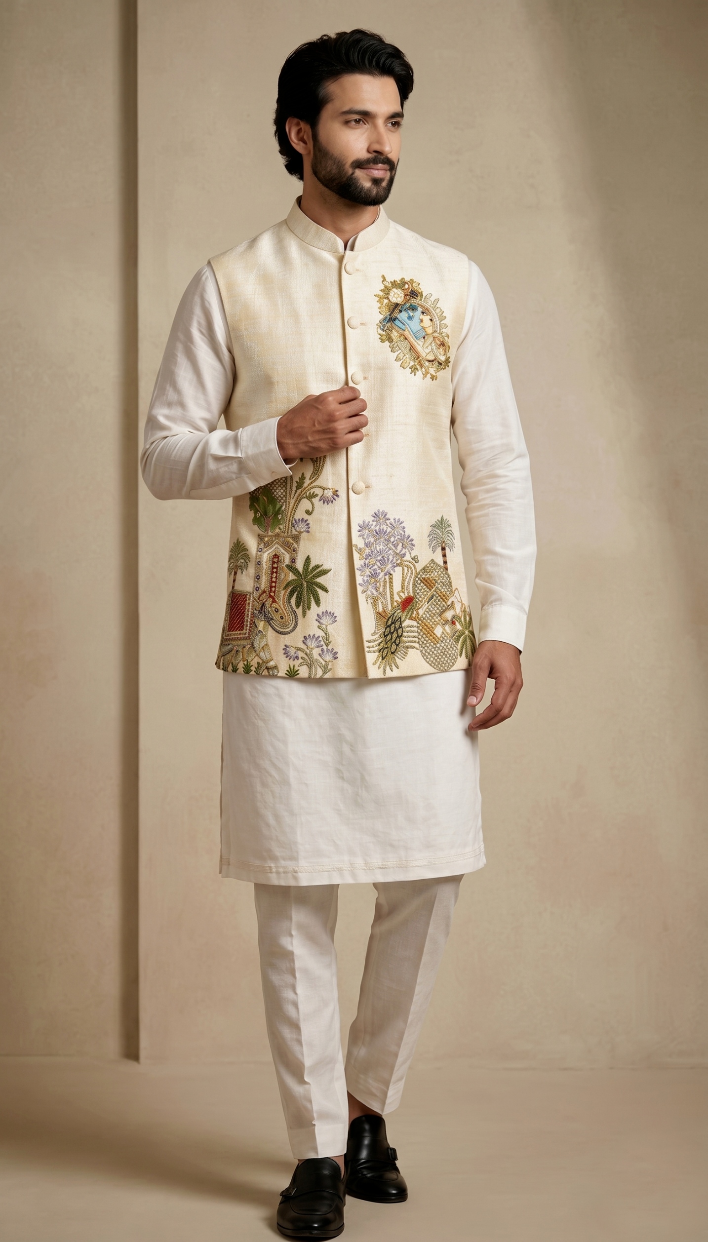 Multi Champagne Embroidered Viscose Jacket Kurta Pyjama