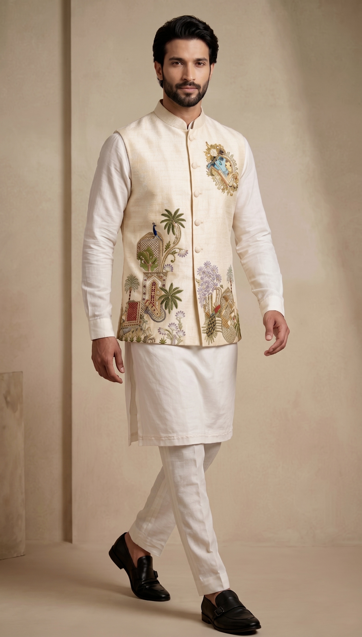 Multi Champagne Embroidered Viscose Jacket Kurta Pyjama