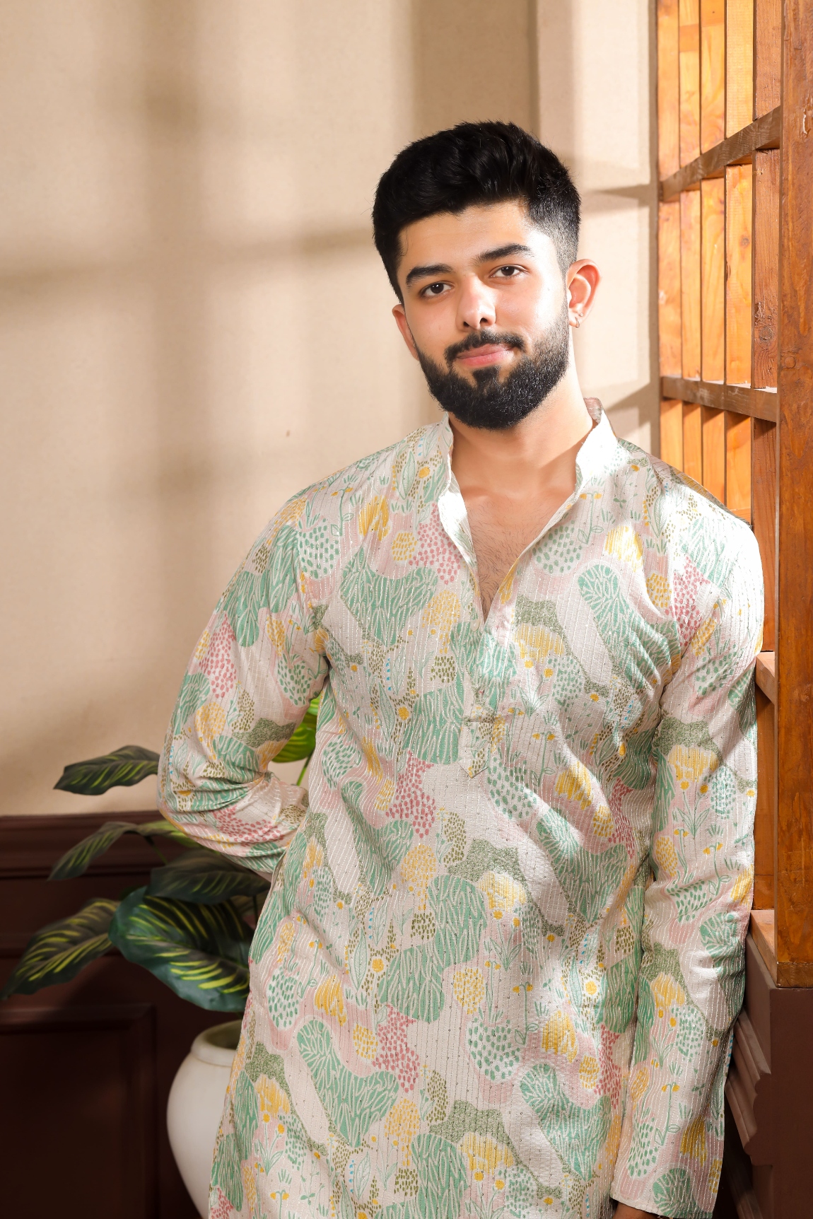 Multi Chevron Digital Sequence Art Silk Kurta