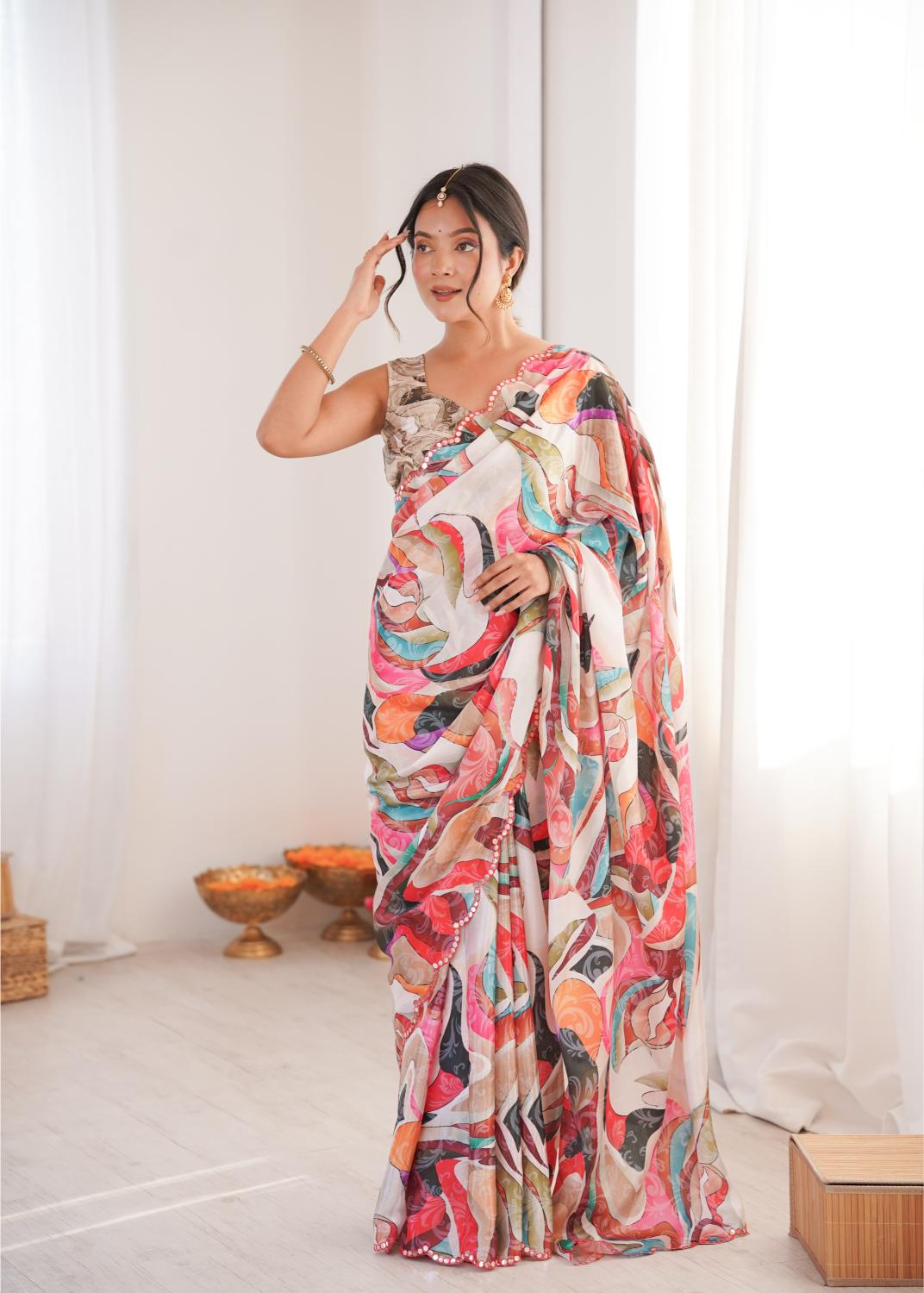 Multi Chinon Digital Printed Mirror Cut Work Saree