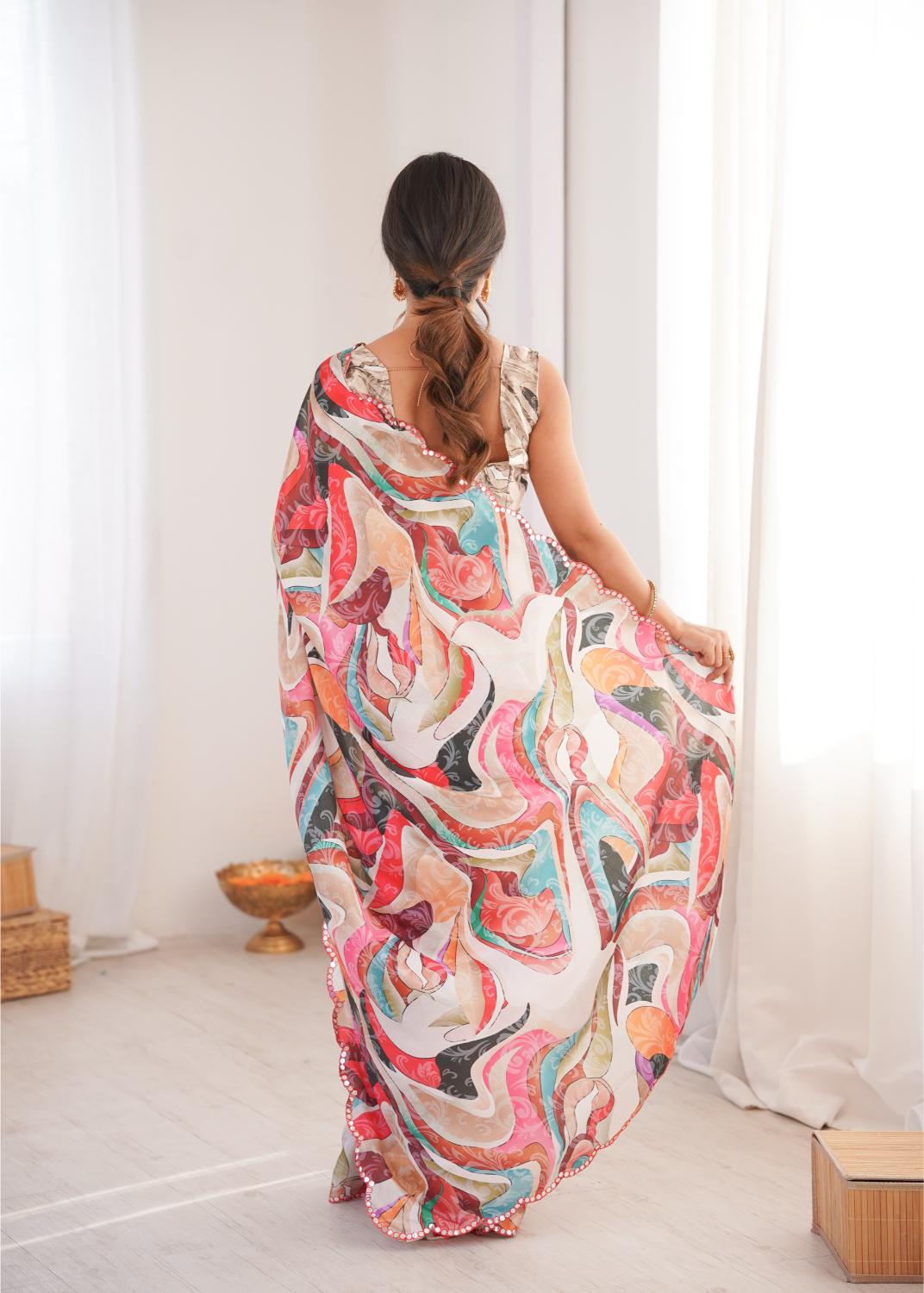 Multi Chinon Digital Printed Mirror Cut Work Saree — alternate view
