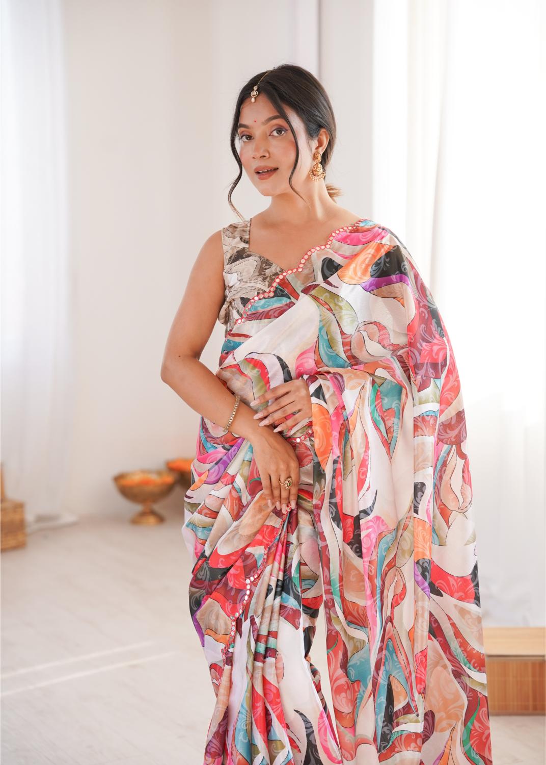Multi Chinon Digital Printed Mirror Cut Work Saree