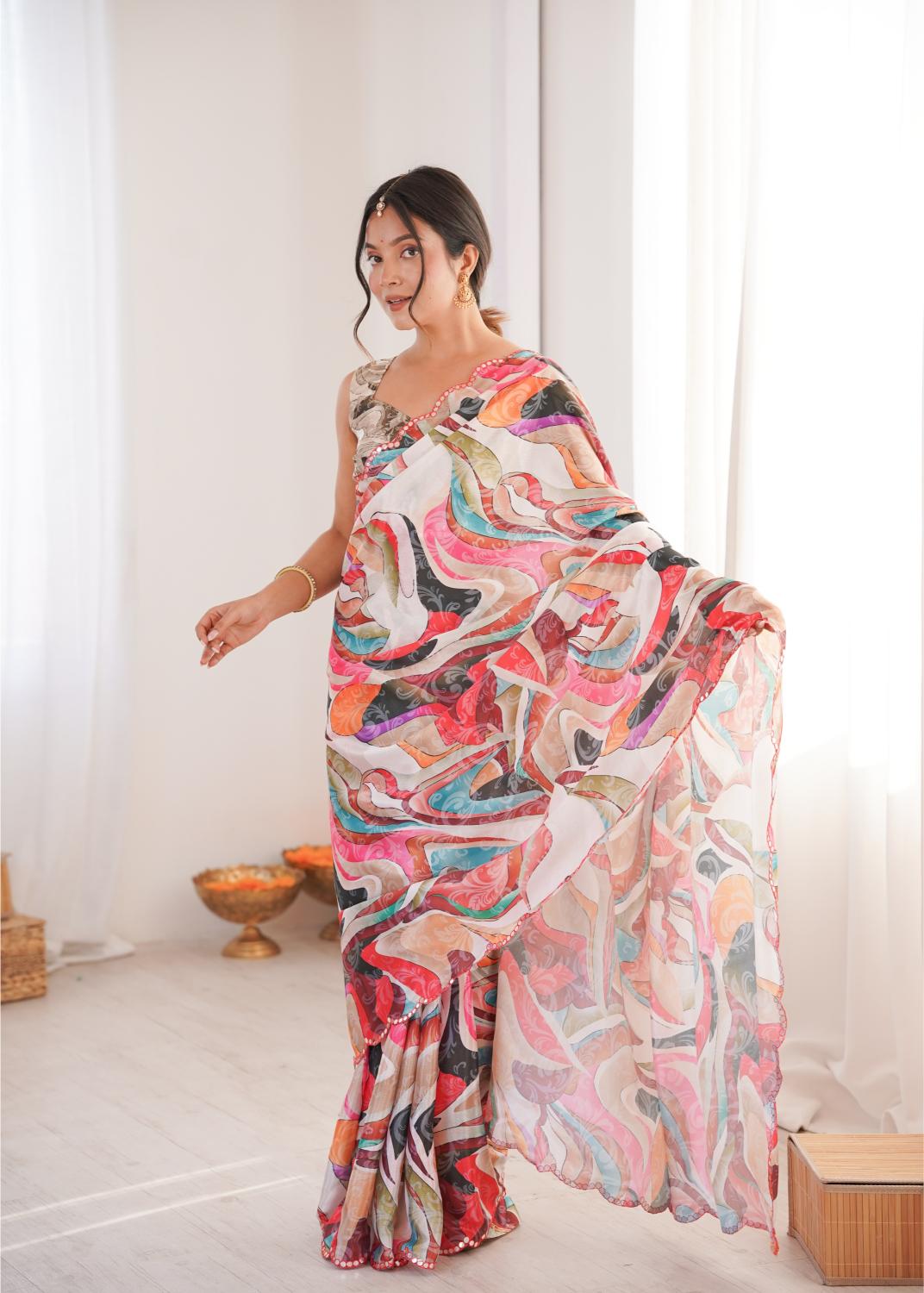 Multi Chinon Digital Printed Mirror Cut Work Saree