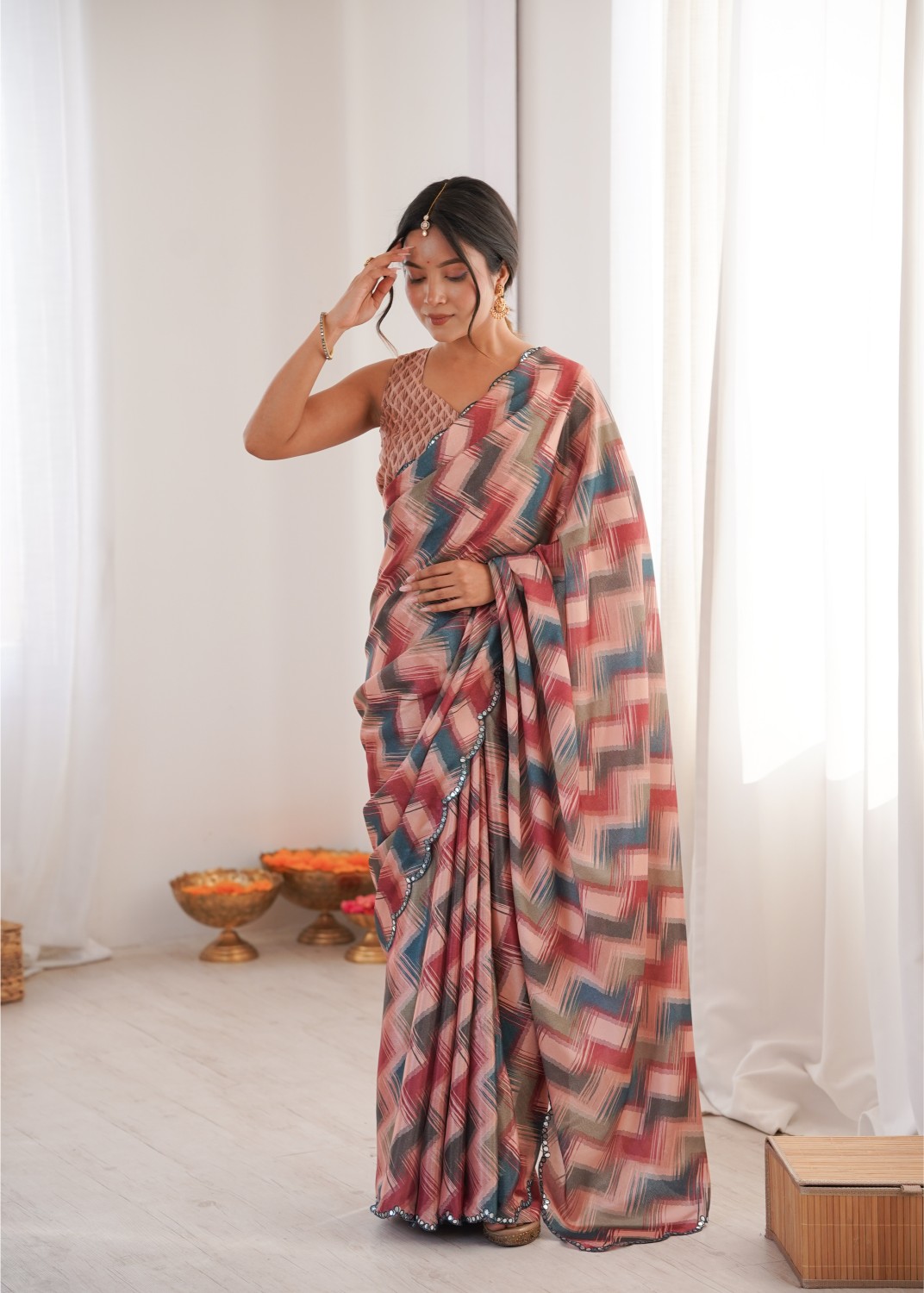 Multi Chinon Digital Printed Mirror Work Saree