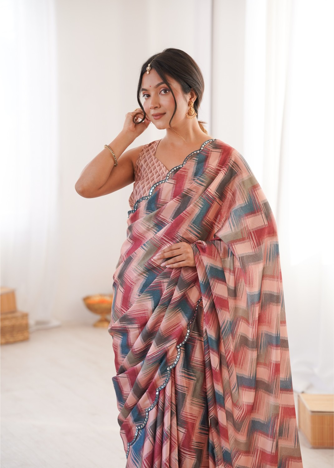 Multi Chinon Digital Printed Mirror Work Saree