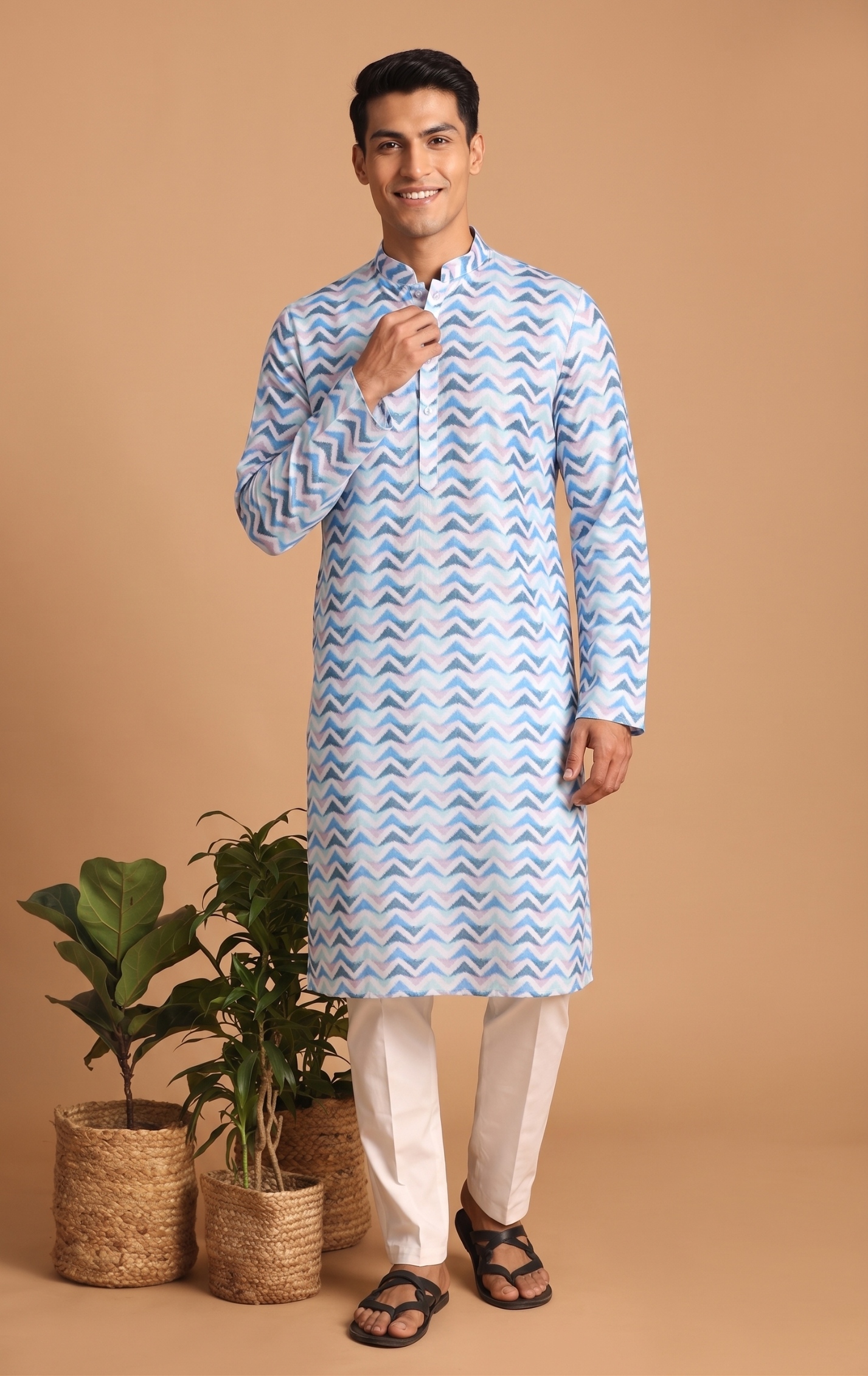 Multi Color Chevron Digital Print Cotton Kurta Pyjama