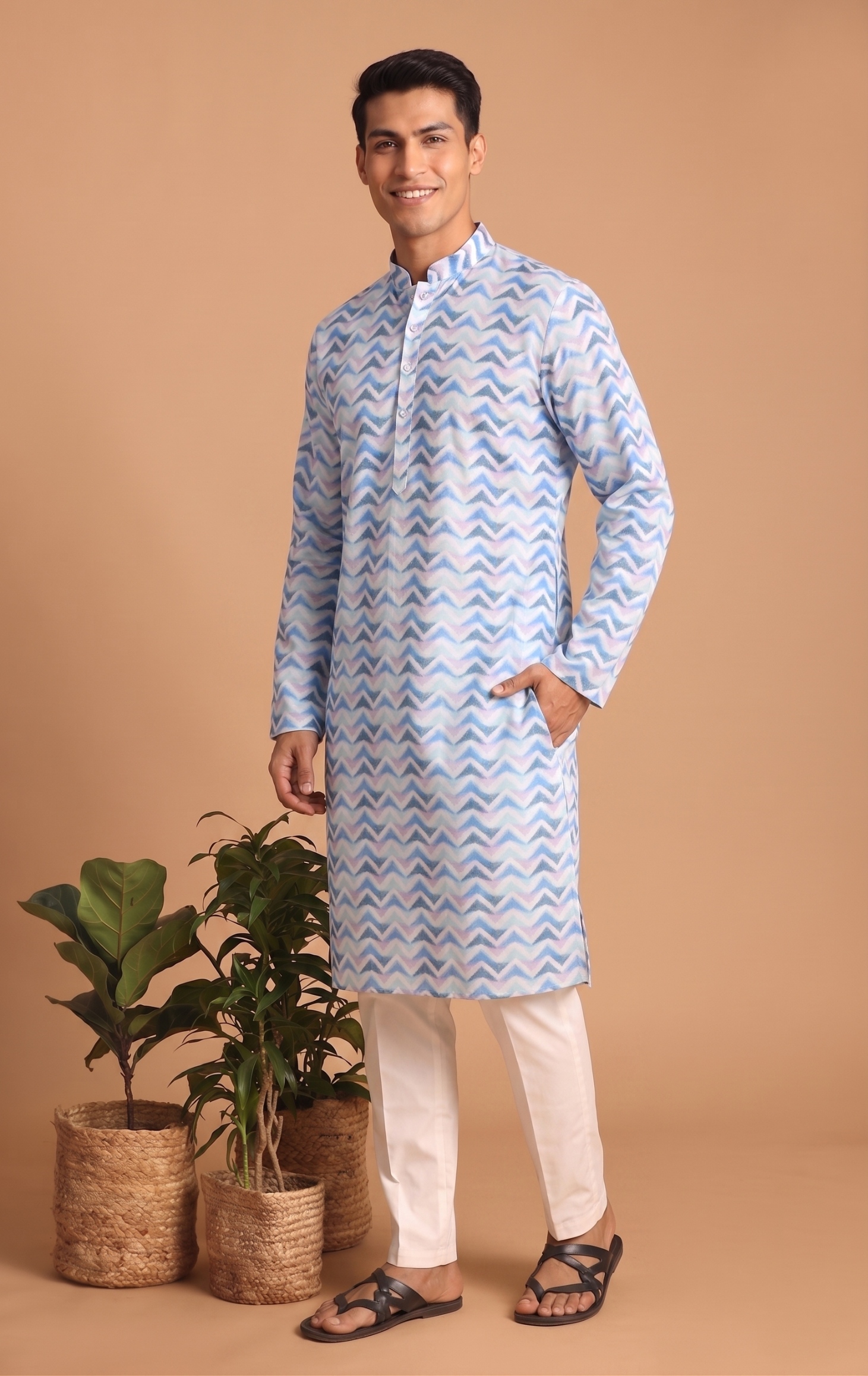 Multi Color Chevron Digital Print Cotton Kurta Pyjama