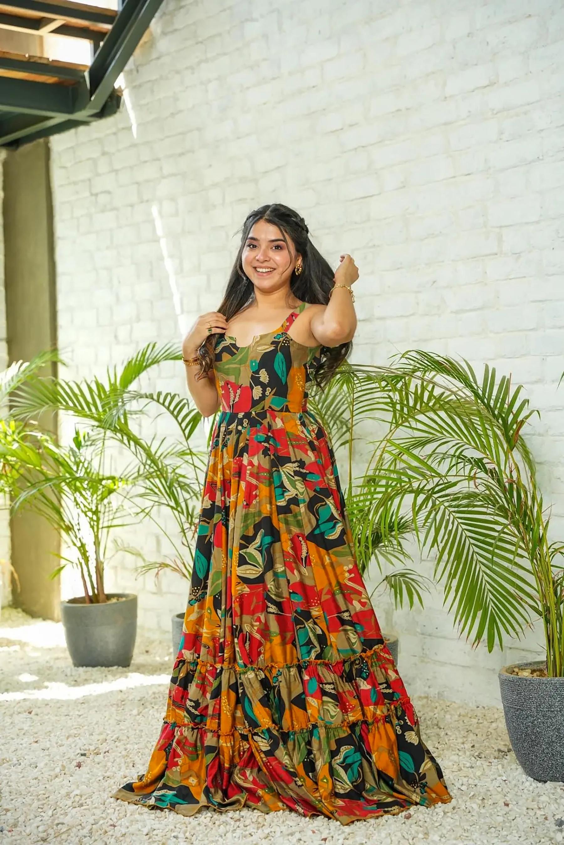 Multi Color Printed Rayon Gown