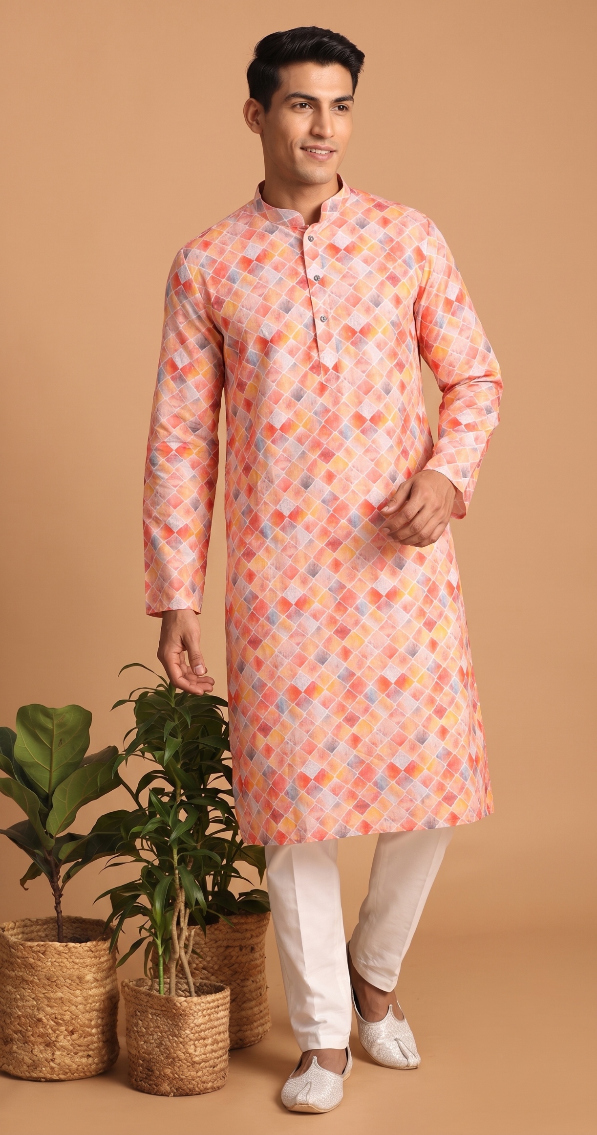 Multi Color Rectangular Digital Print Cotton Kurta Pyjama