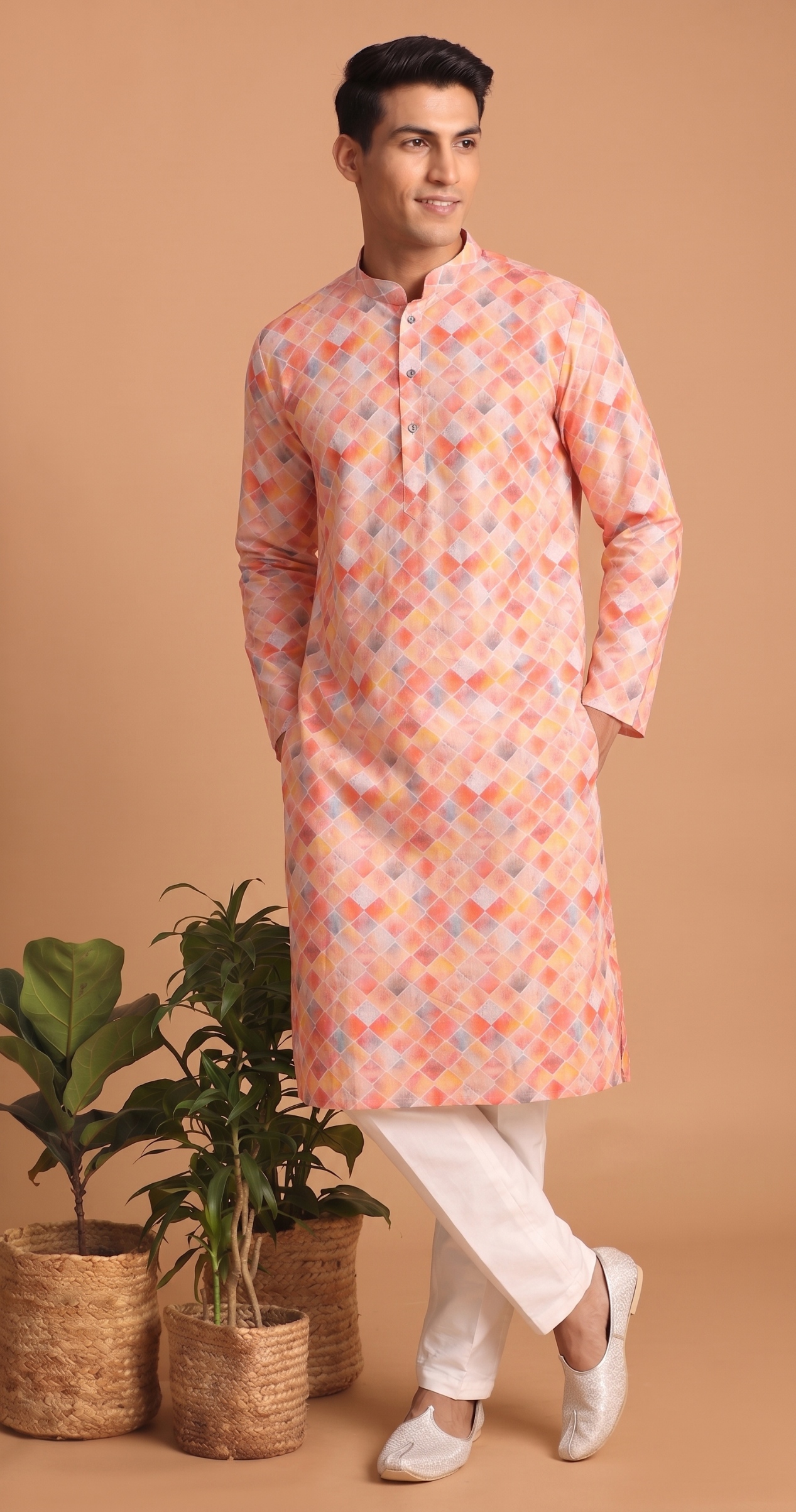 Multi Color Rectangular Digital Print Cotton Kurta Pyjama