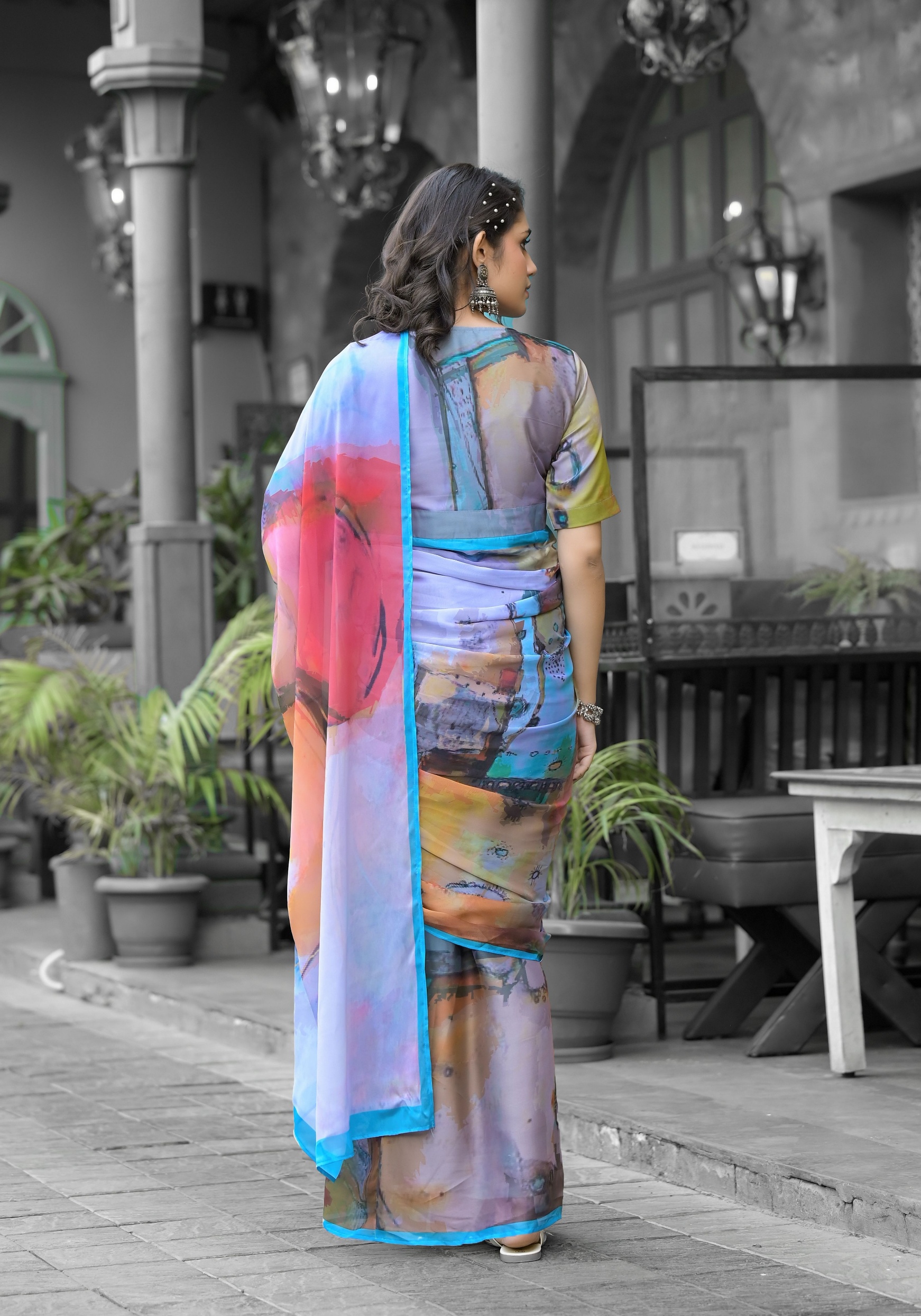 Multi Contemporary Print Georgette Saree Gown — alternate view