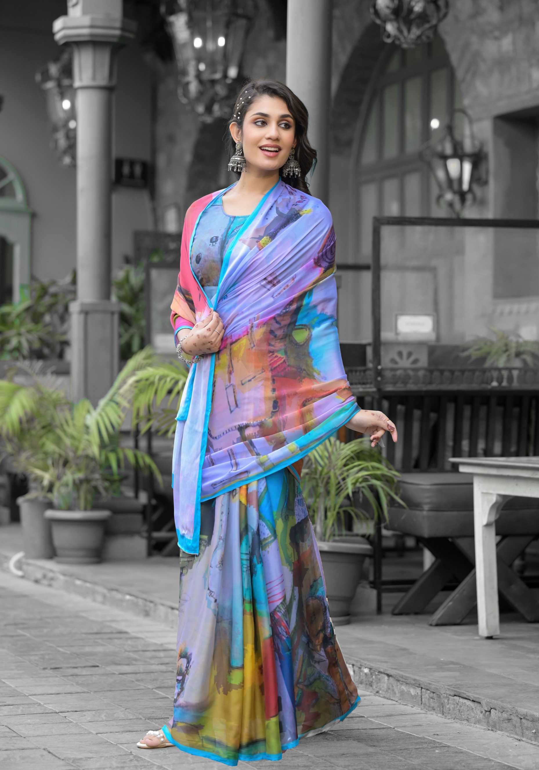 Multi Contemporary Print Georgette Saree Gown