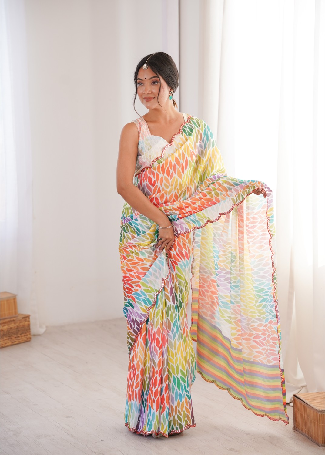 Multi Cream Chinon Digital Printed Mirror Work Saree