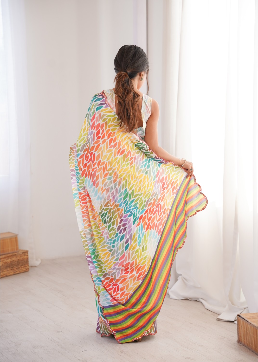 Multi Cream Chinon Digital Printed Mirror Work Saree — alternate view