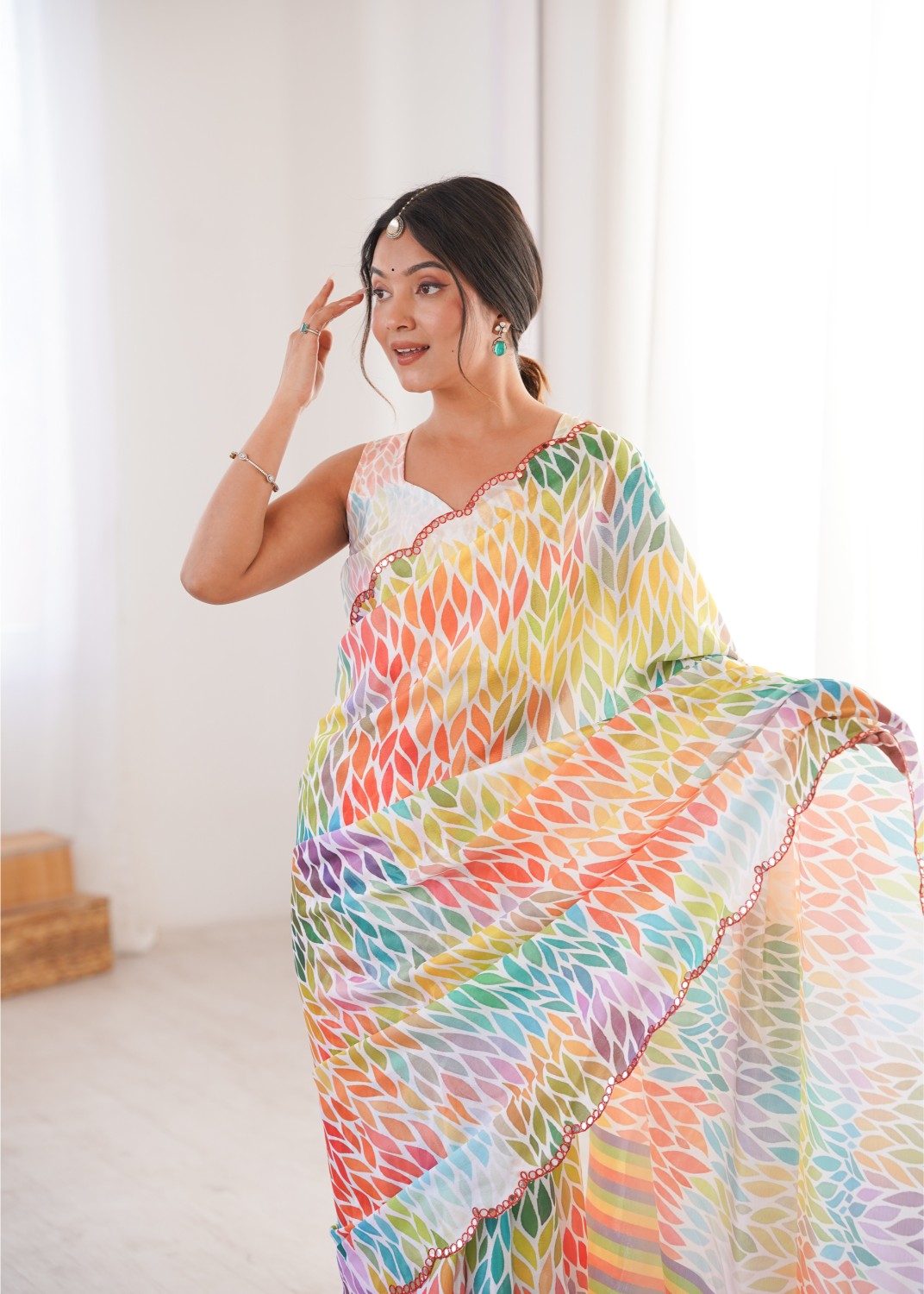 Multi Cream Chinon Digital Printed Mirror Work Saree