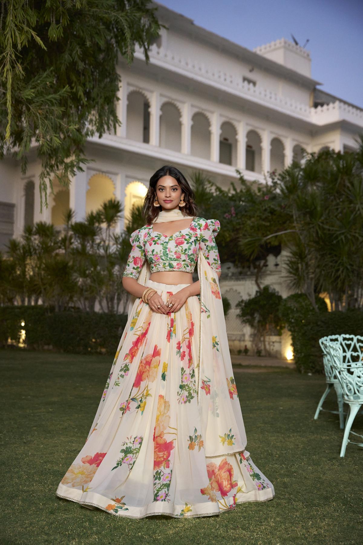 Multi Cream Floral Printed Georgette Lehenga Choli