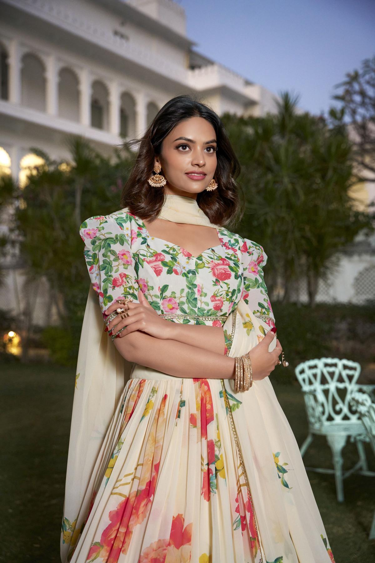 Multi Cream Floral Printed Georgette Lehenga Choli