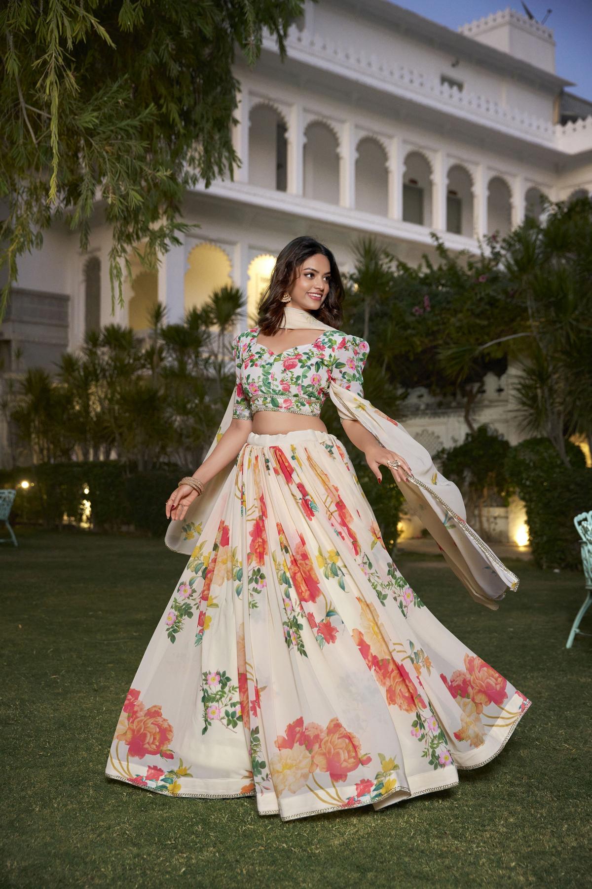 Multi Cream Floral Printed Georgette Lehenga Choli