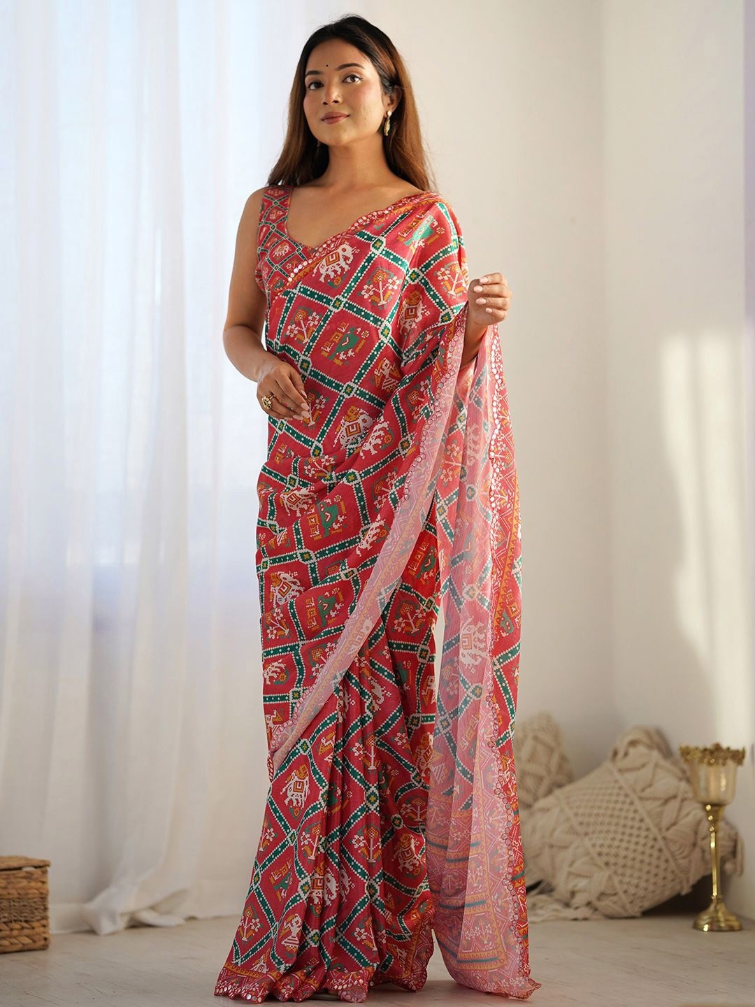 Multi Ethnic Motif Digital Print Georgette Saree