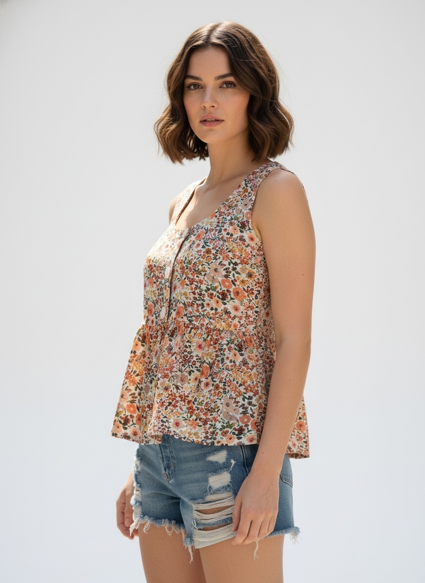 Multi Floral Designer Printed Poly Crepe Sleeveless Top