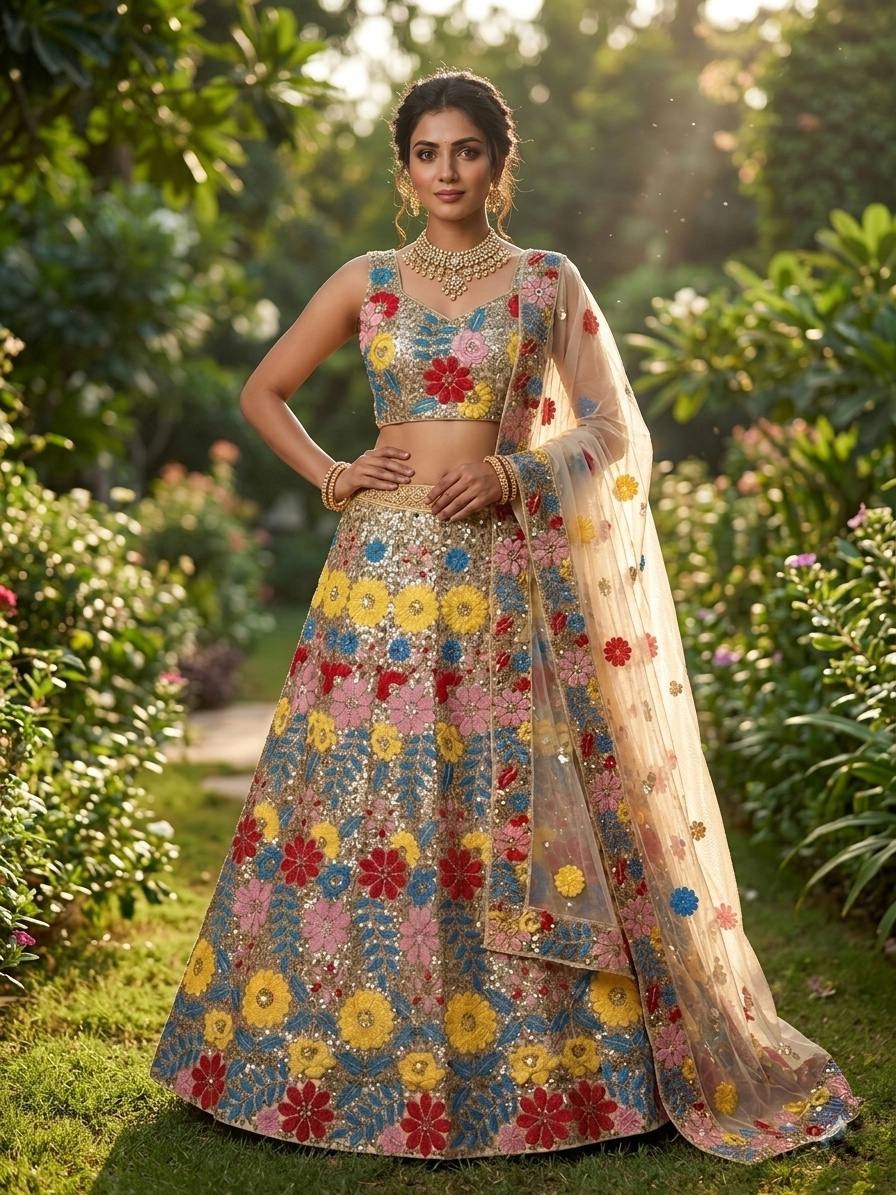 Multi Floral Embroidered Net Lehenga Choli