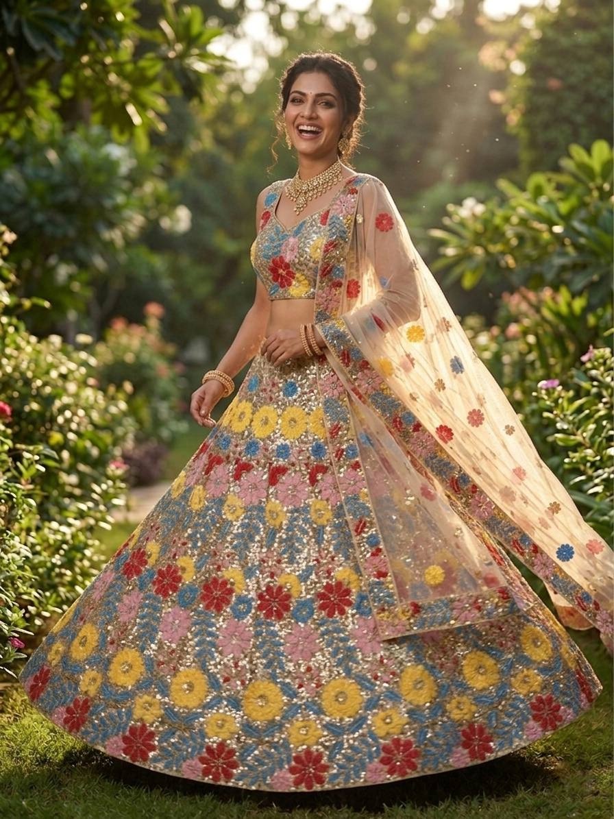 Multi Floral Embroidered Net Lehenga Choli — alternate view