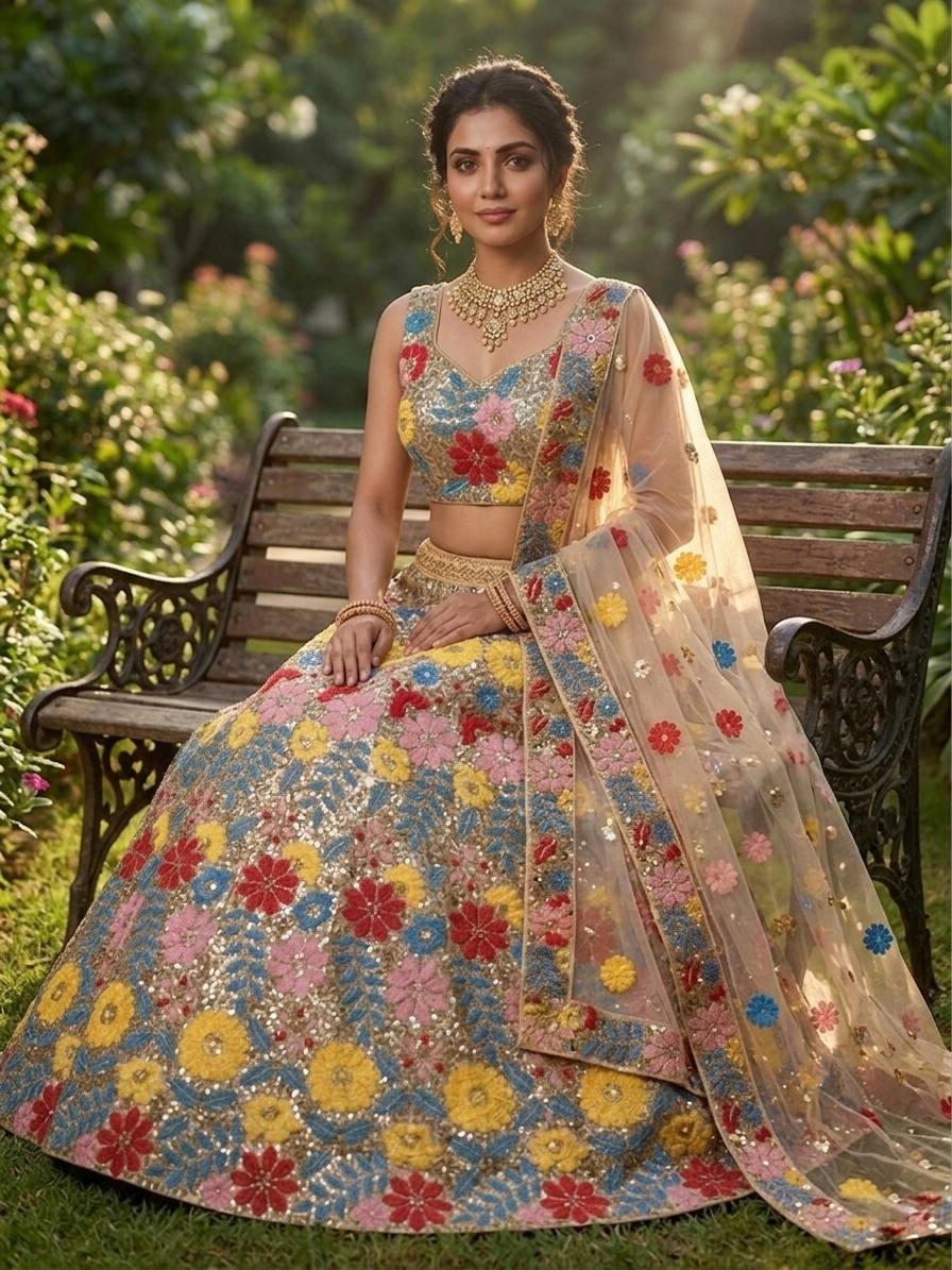 Multi Floral Embroidered Net Lehenga Choli