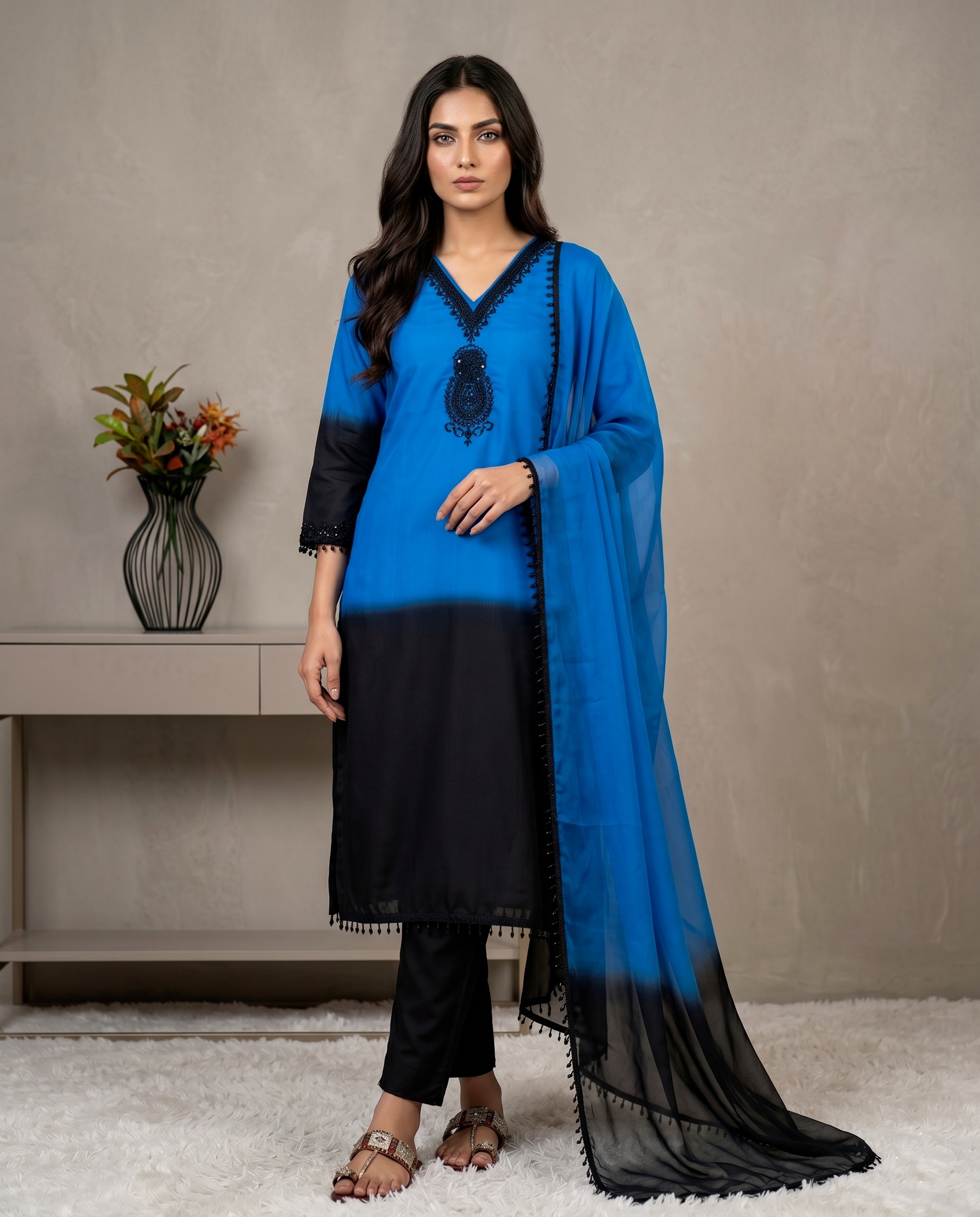 Multi Floral Embroidery Beads Crepe Silk Sharara Suit