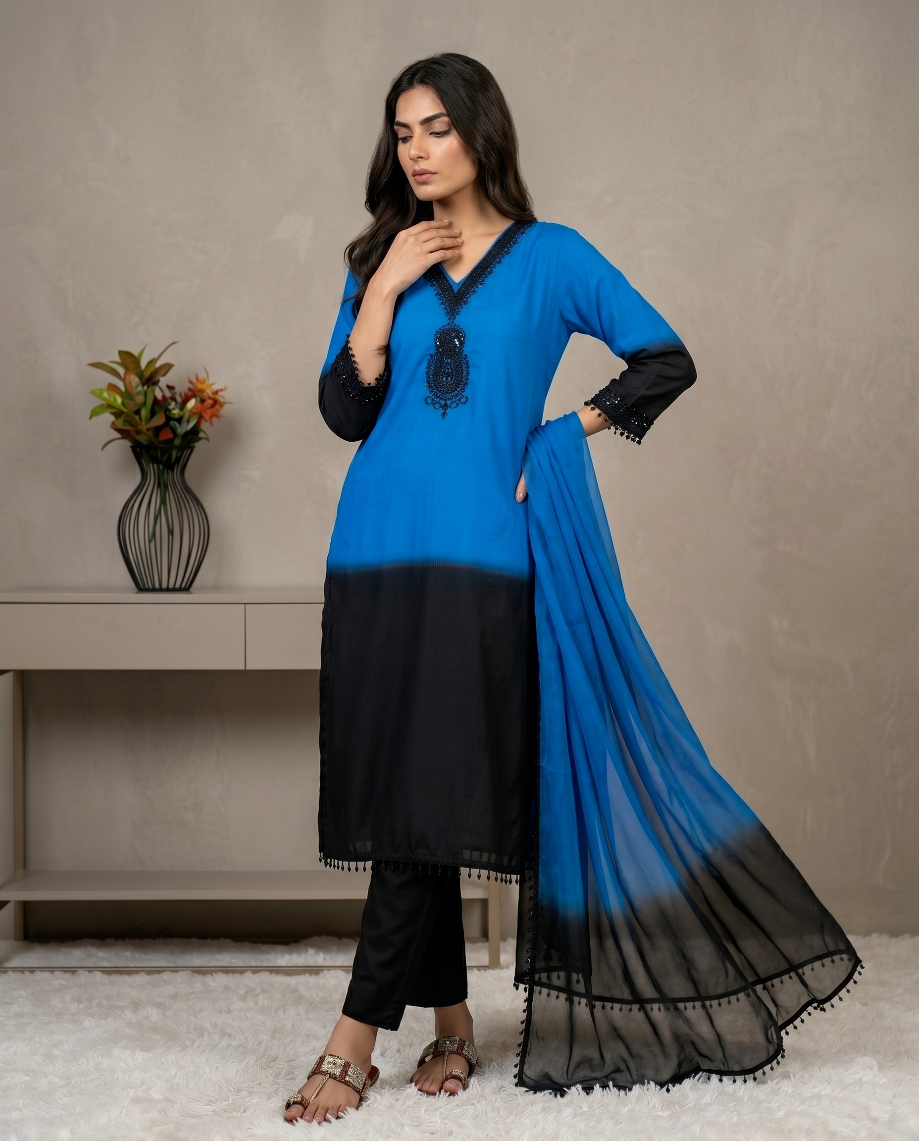 Multi Floral Embroidery Beads Crepe Silk Sharara Suit — alternate view