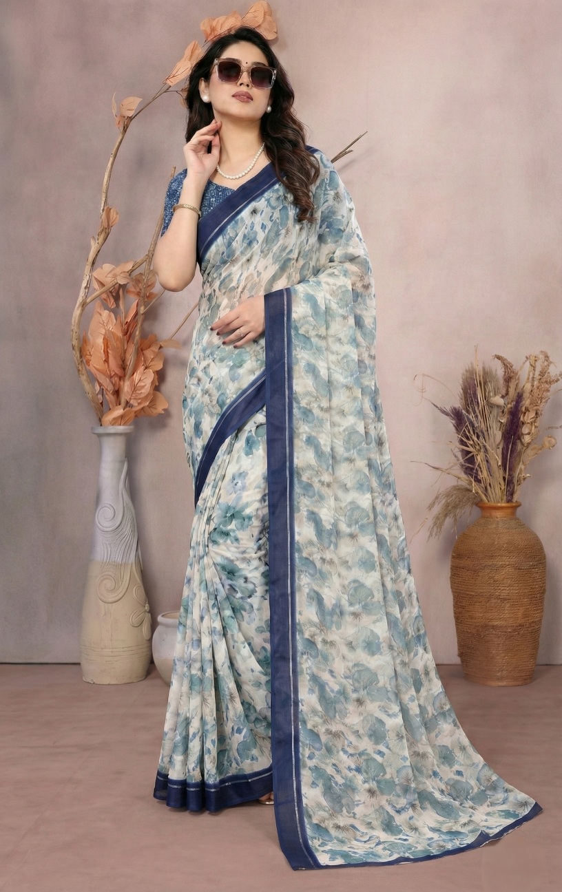 Multi Floral Print Moss Satin Saree