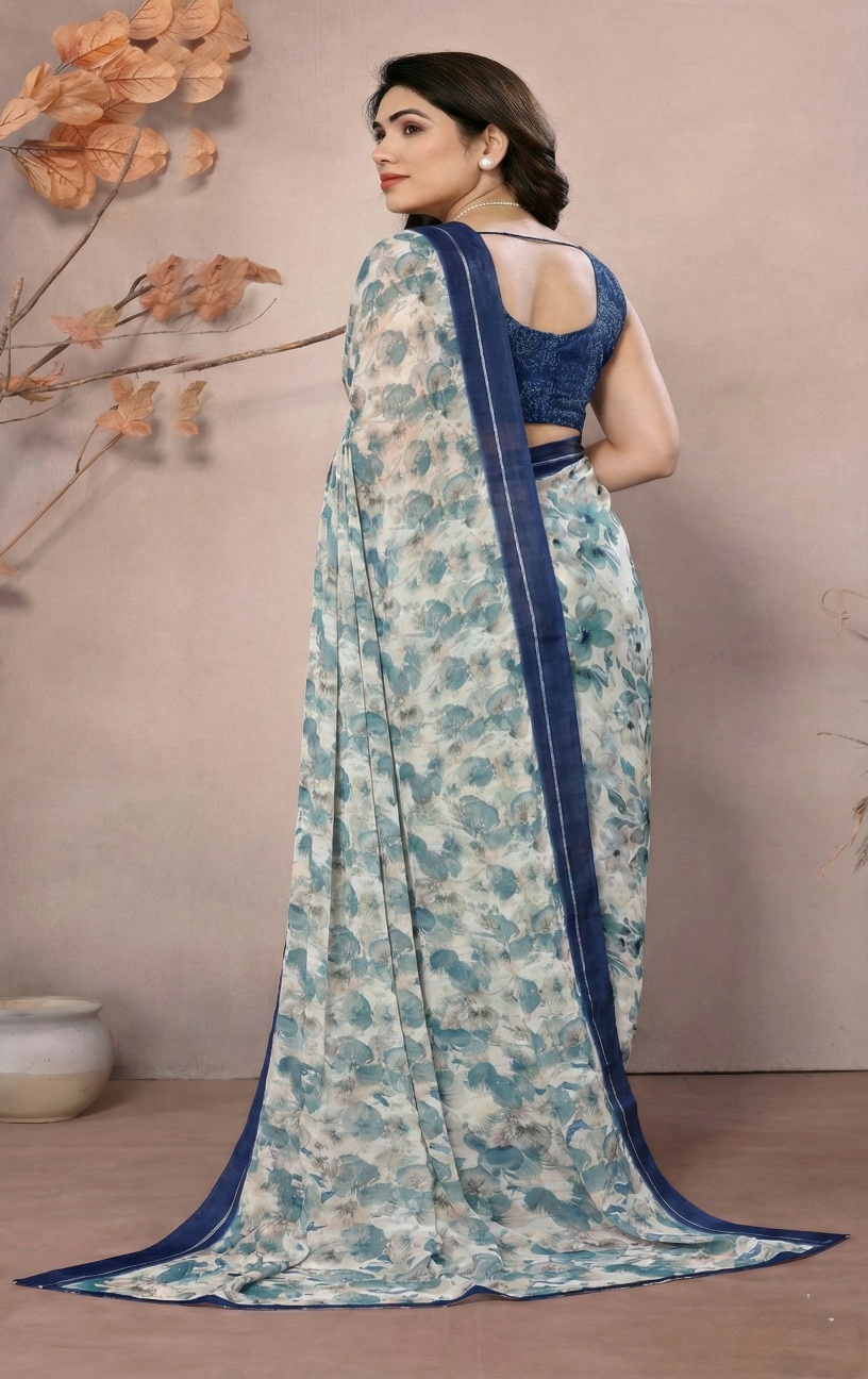 Multi Floral Print Moss Satin Saree — alternate view