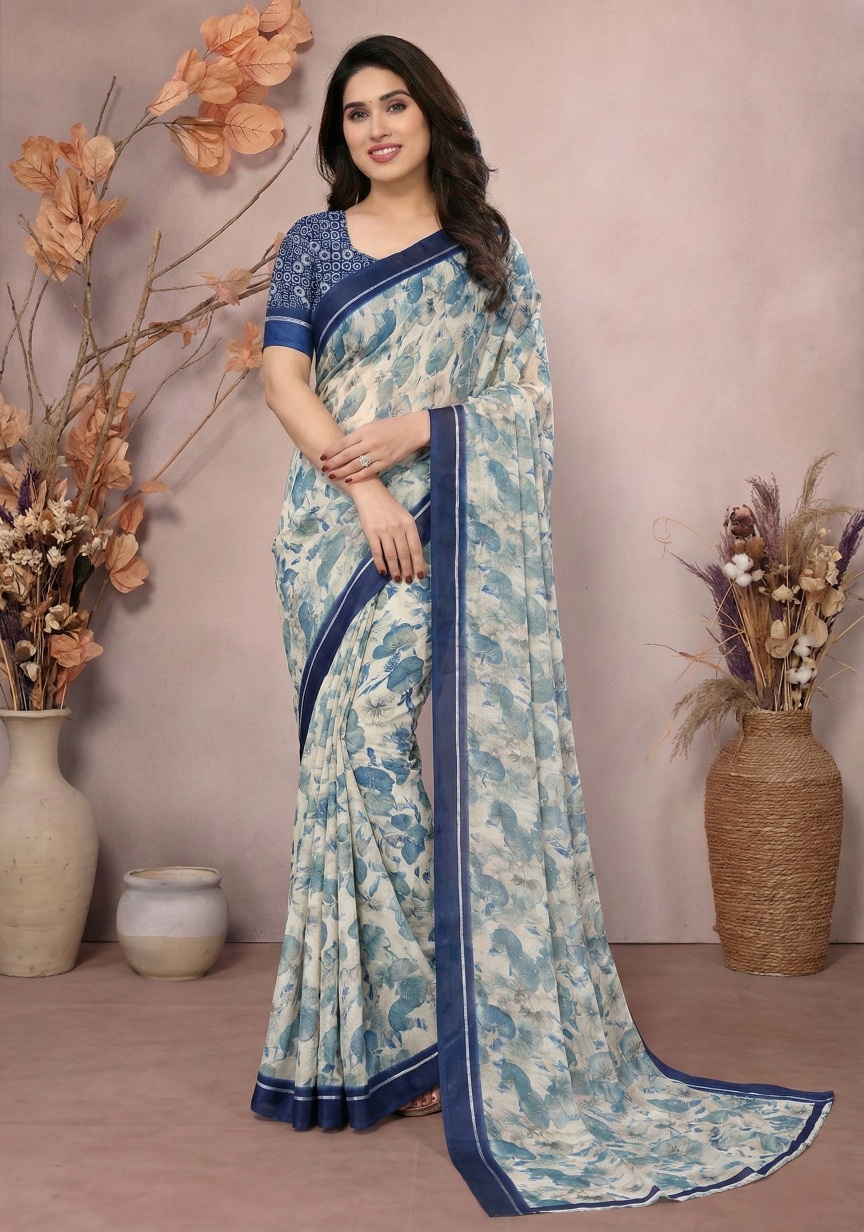 Multi Floral Print Moss Satin Saree