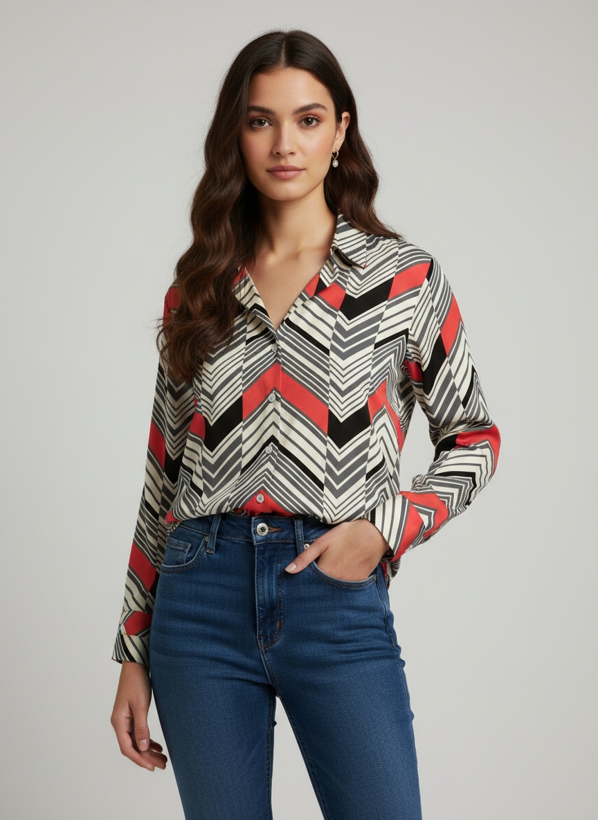 Multi Geometric Chevron Printed Super Satin Shirt