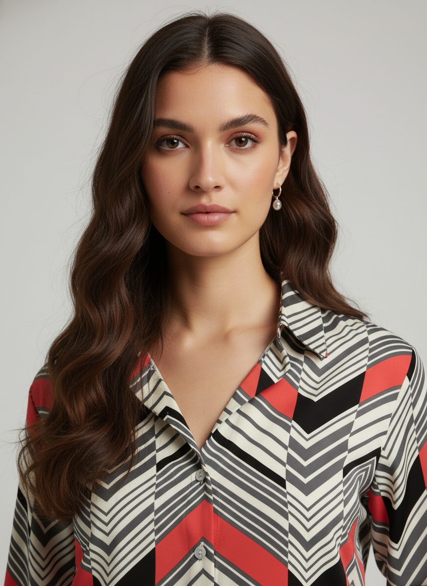 Multi Geometric Chevron Printed Super Satin Shirt