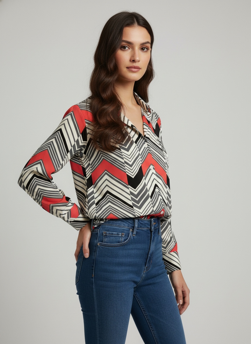 Multi Geometric Chevron Printed Super Satin Shirt