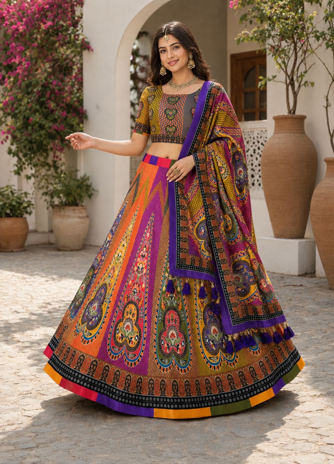 Multi Geometric Designer Cotton Rayon Lehenga Choli