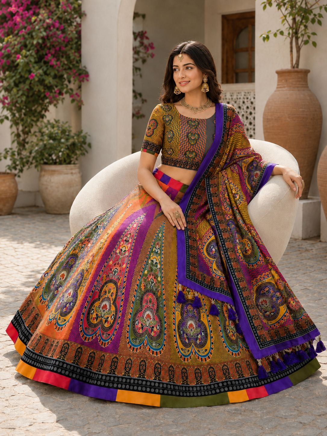 Multi Geometric Designer Cotton Rayon Lehenga Choli