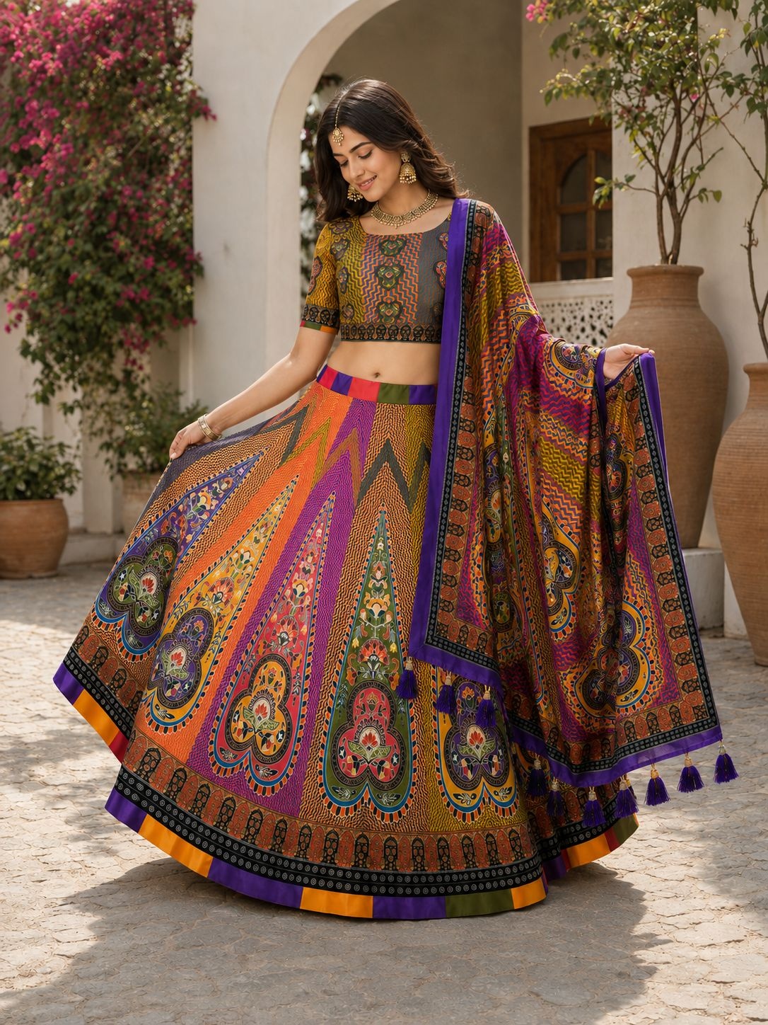 Multi Geometric Designer Cotton Rayon Lehenga Choli