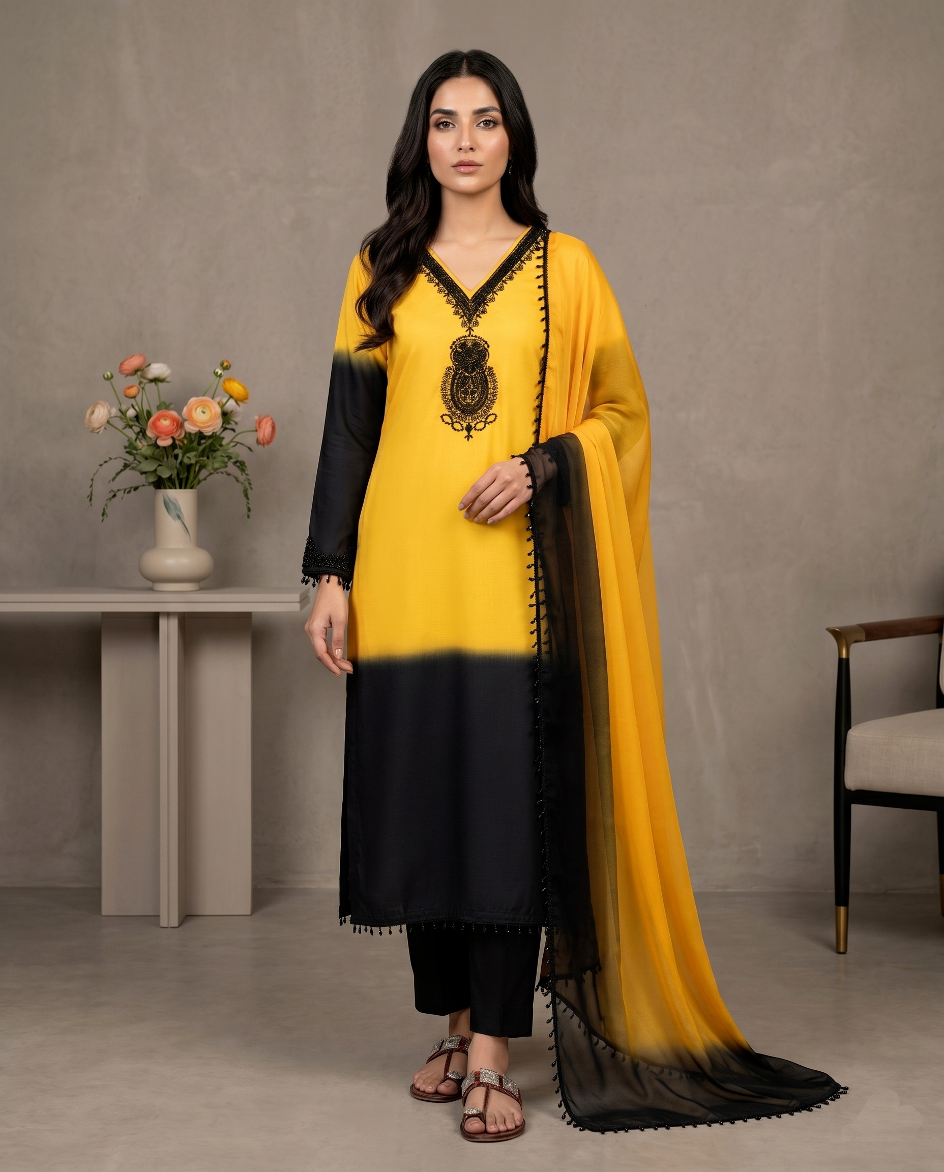 Multi Geometric Embroidery Beads Crepe Silk Sharara Suit