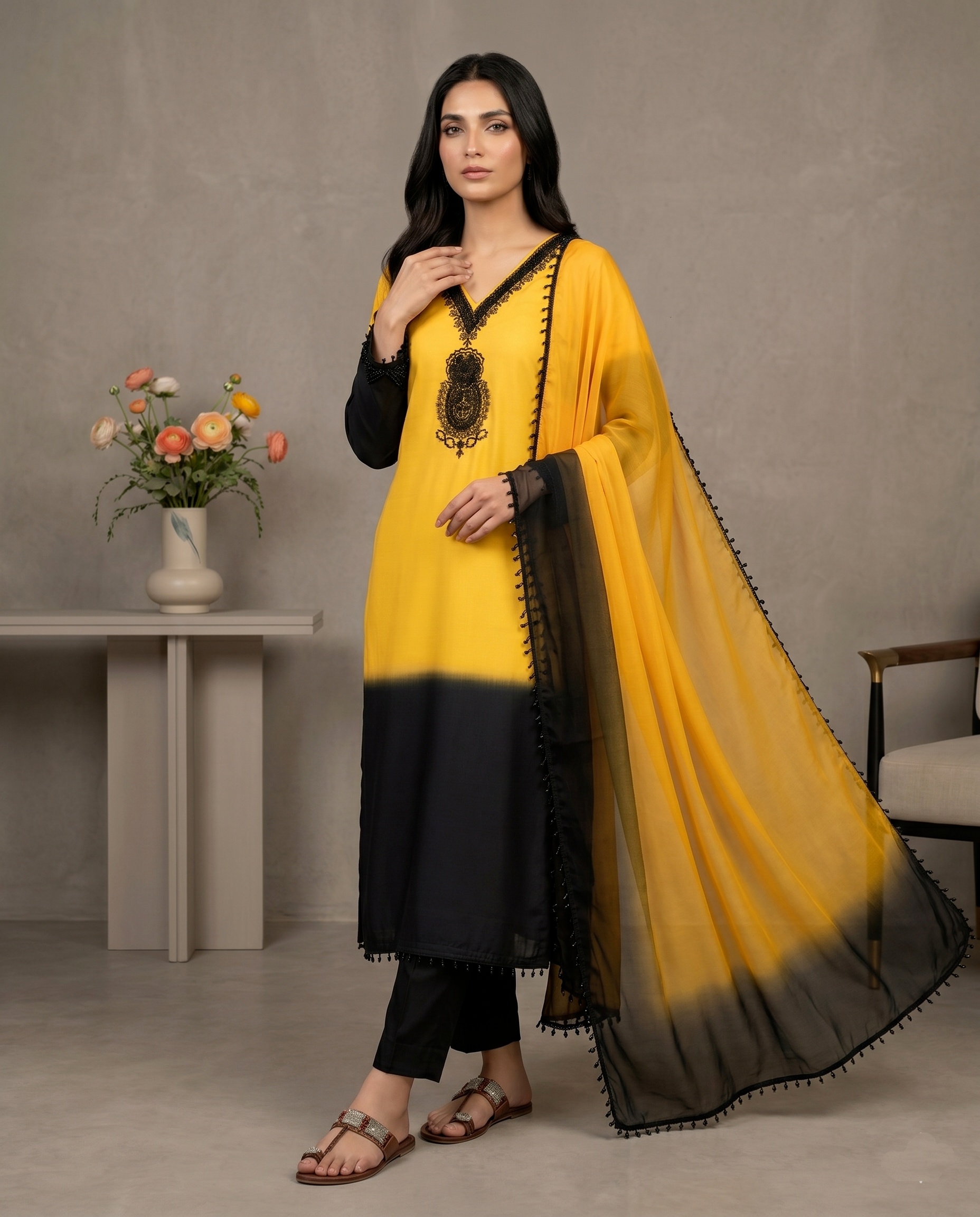 Multi Geometric Embroidery Beads Crepe Silk Sharara Suit — alternate view