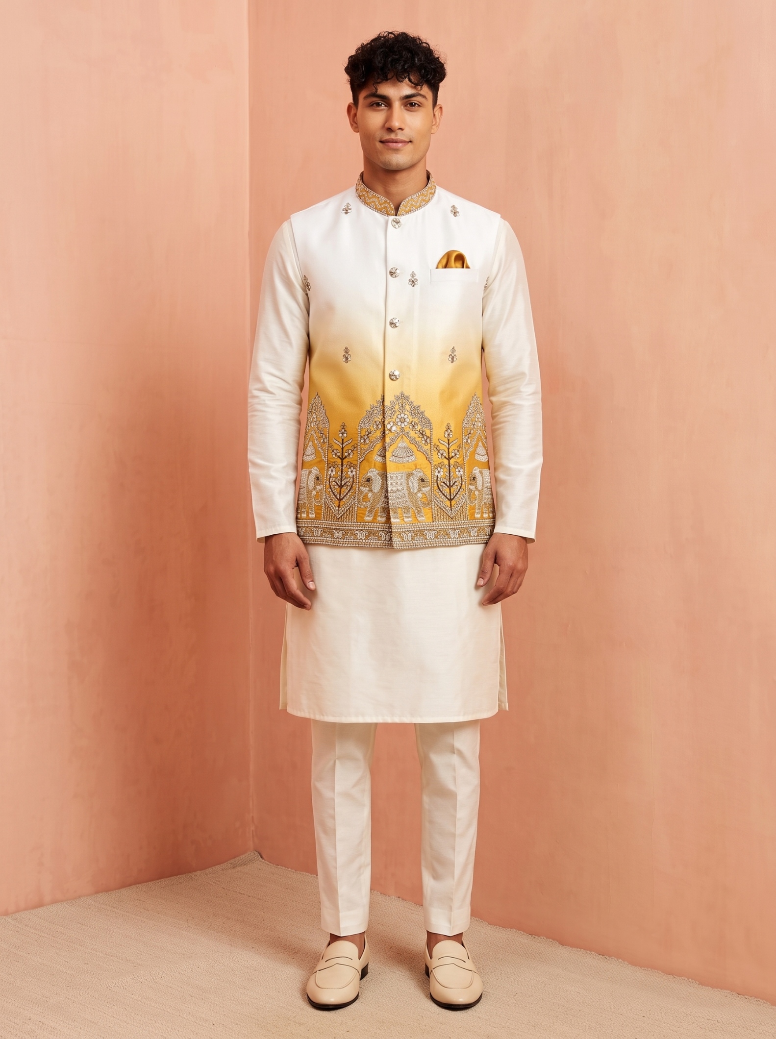 Multi Gold Embroidery Doniar Satin Jacket Kurta