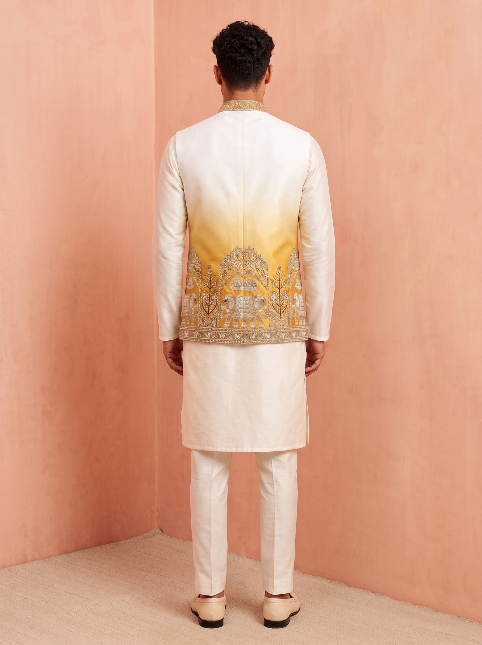 Multi Gold Embroidery Doniar Satin Jacket Kurta — alternate view