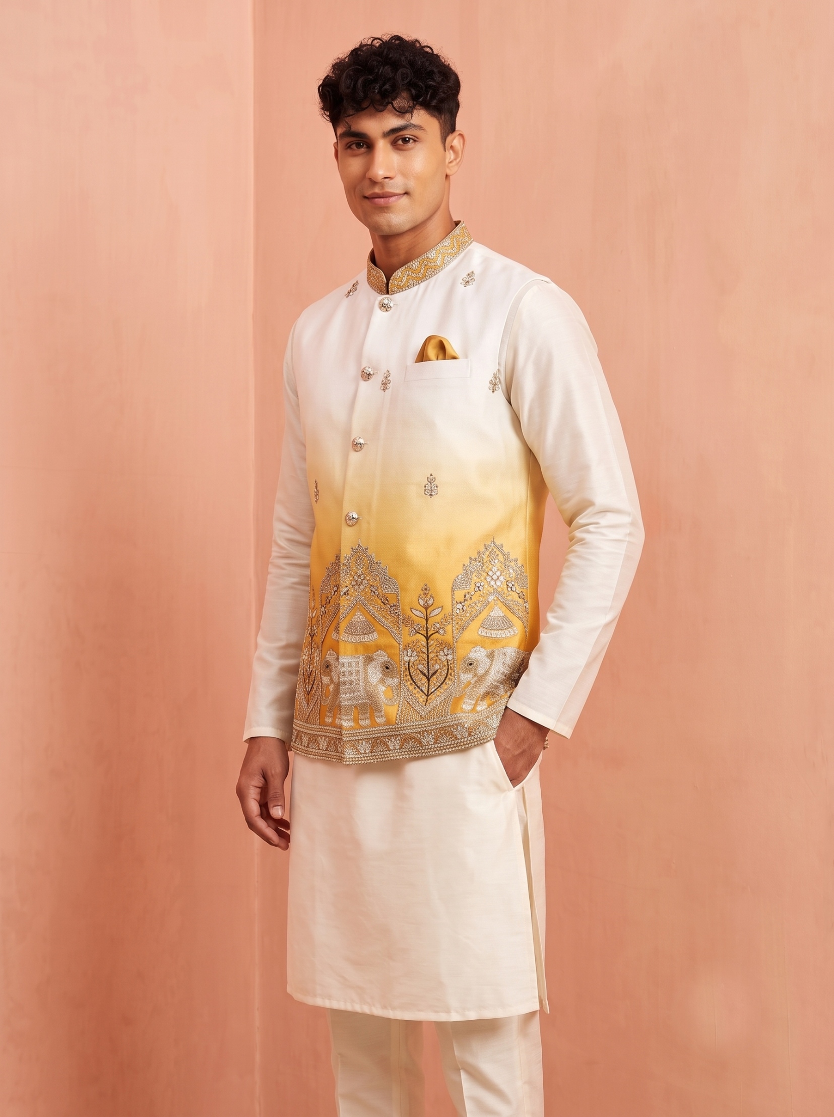 Multi Gold Embroidery Doniar Satin Jacket Kurta