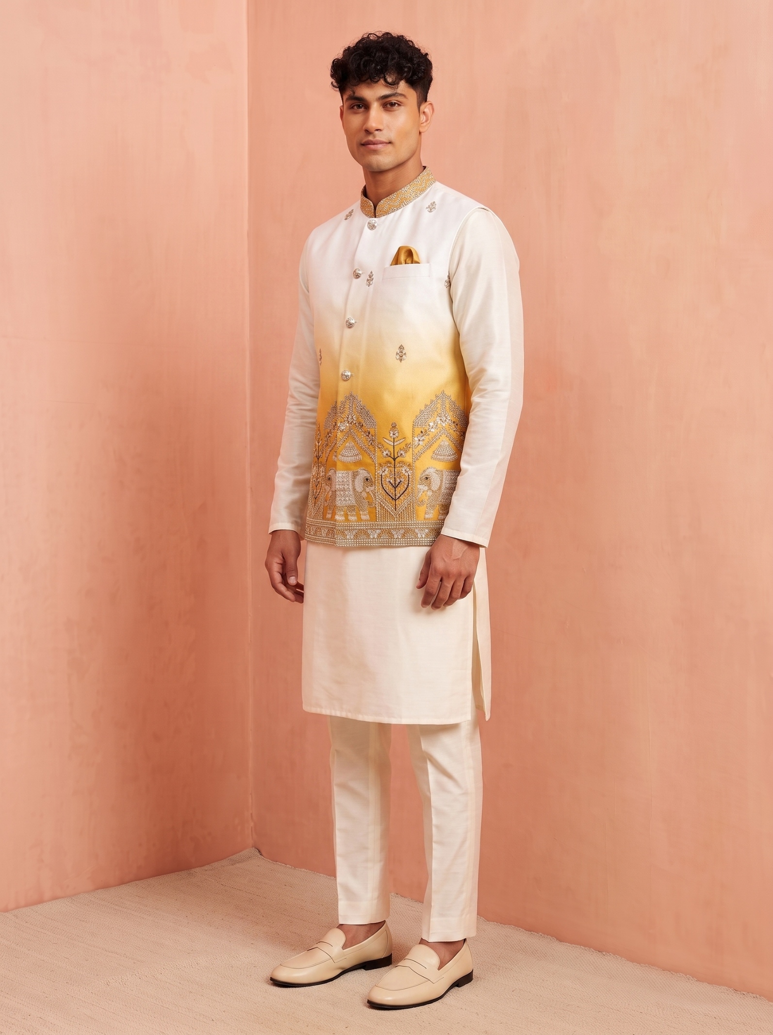 Multi Gold Embroidery Doniar Satin Jacket Kurta