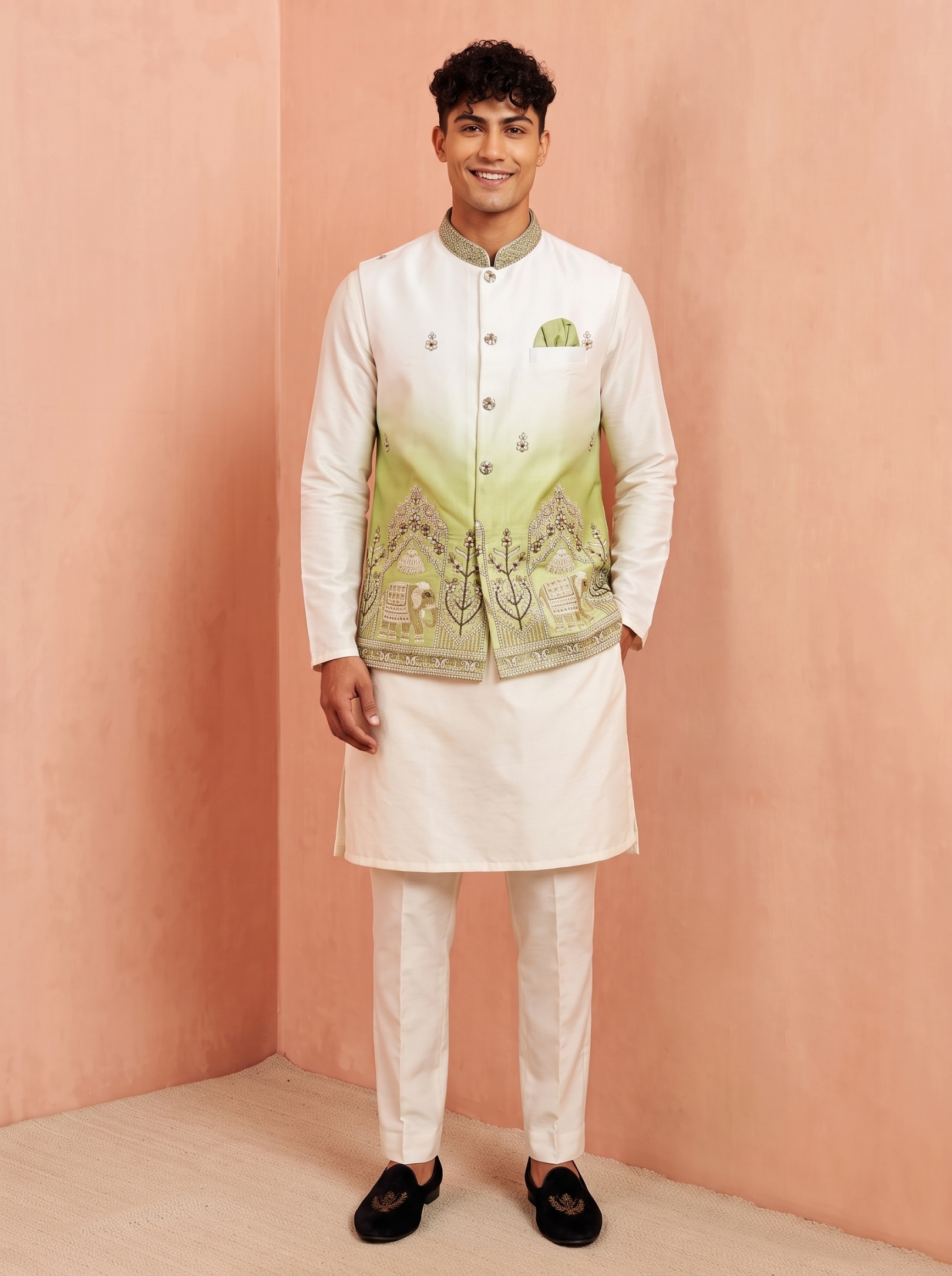 Multi Green Embroidery Doniar Satin Jacket Kurta