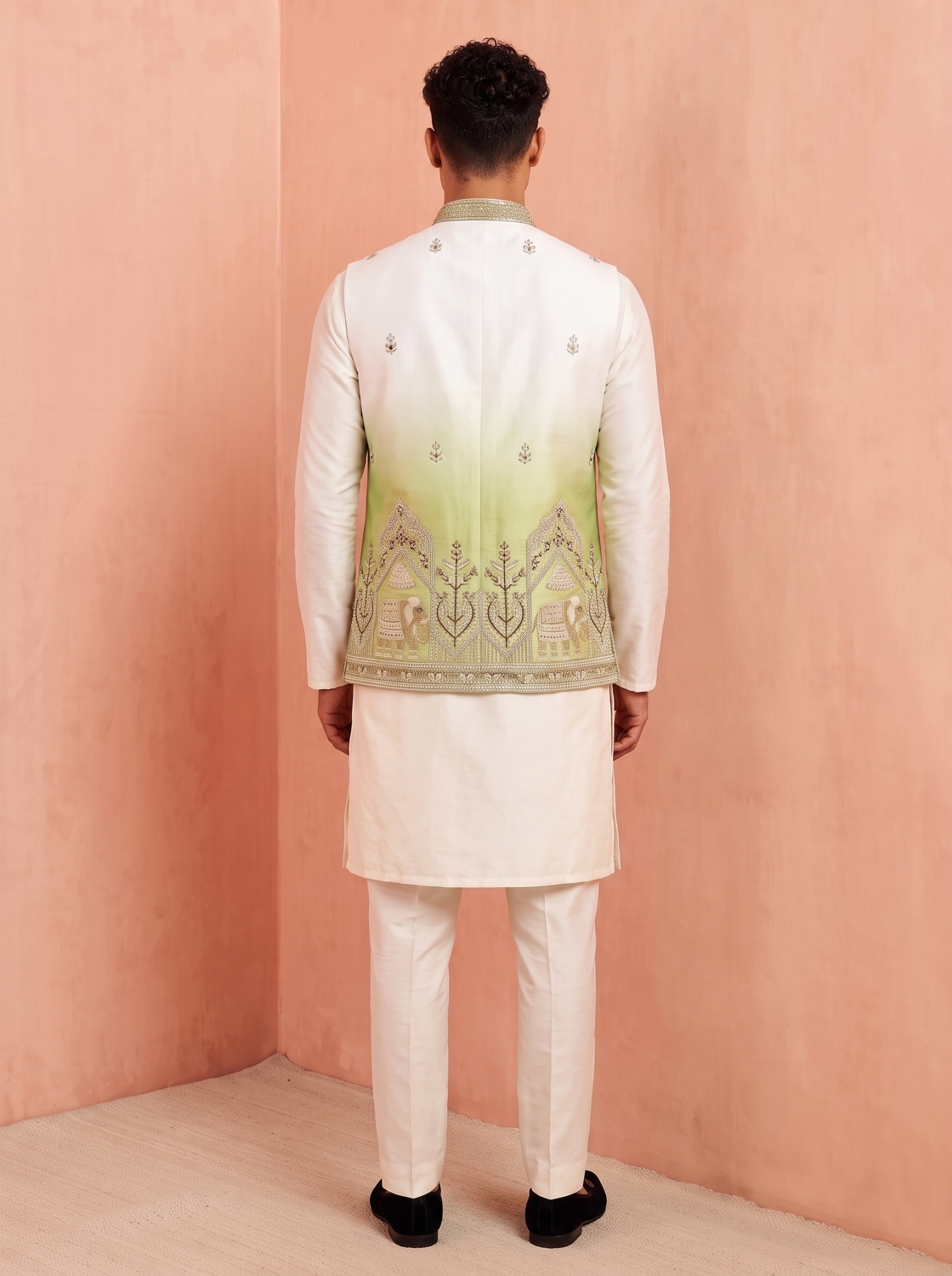 Multi Green Embroidery Doniar Satin Jacket Kurta — alternate view
