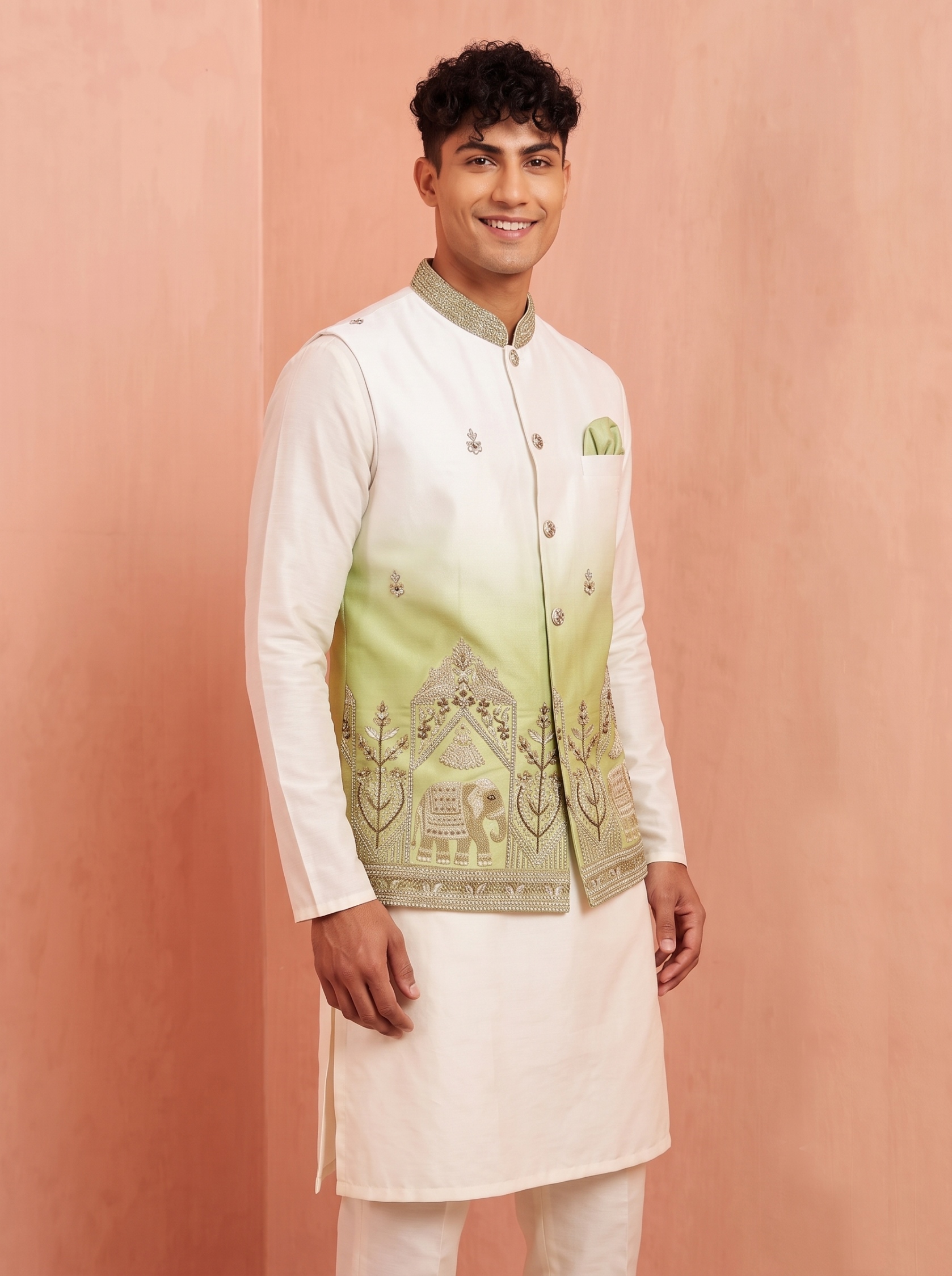 Multi Green Embroidery Doniar Satin Jacket Kurta